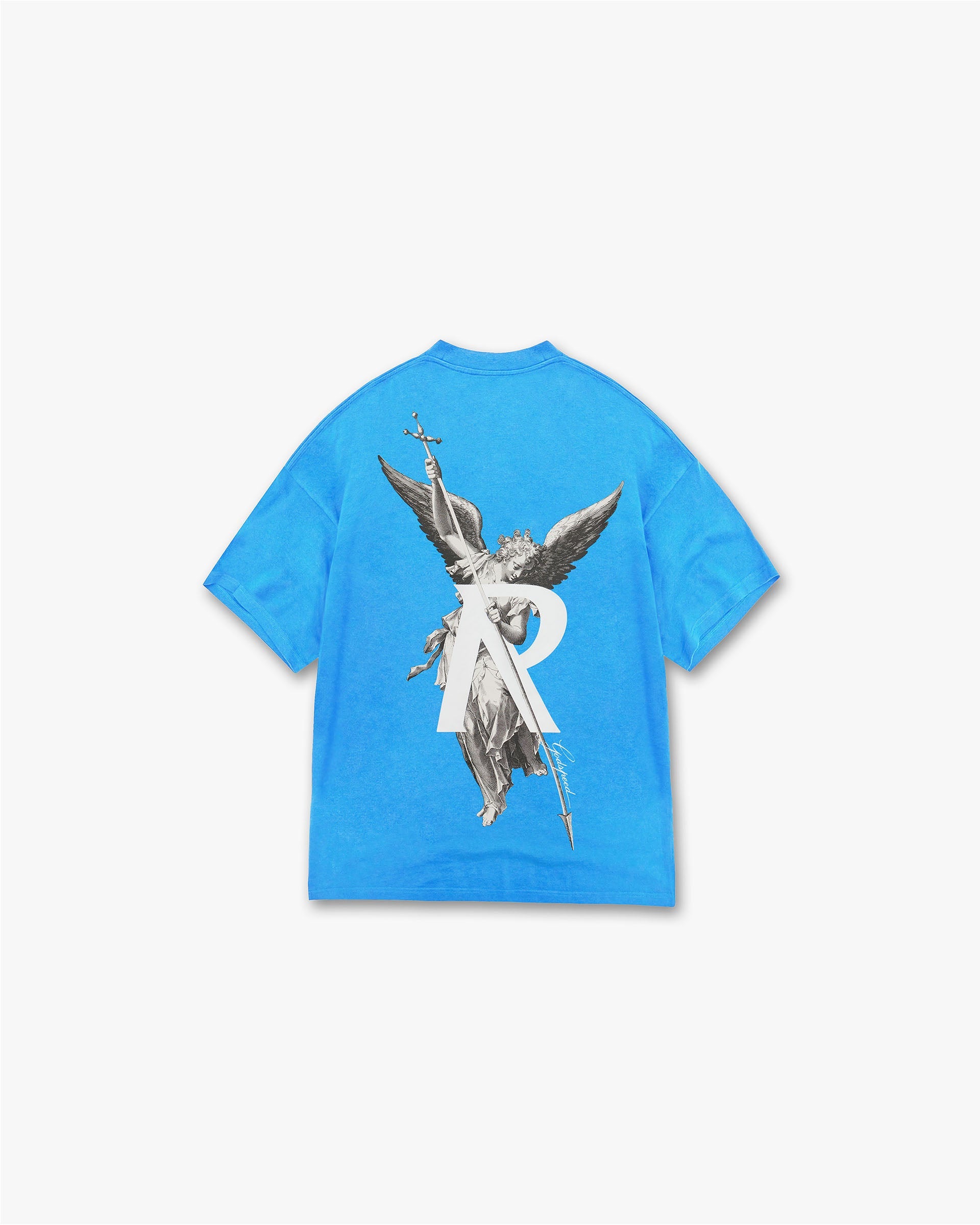 Back product image of a mens blue t-shirt on a plain white background | Archangel T-Shirt in Electric Blue | Oversized t-shirt with high density graphic and sun fade wash | FW24 T-Shirts | Represent Clo