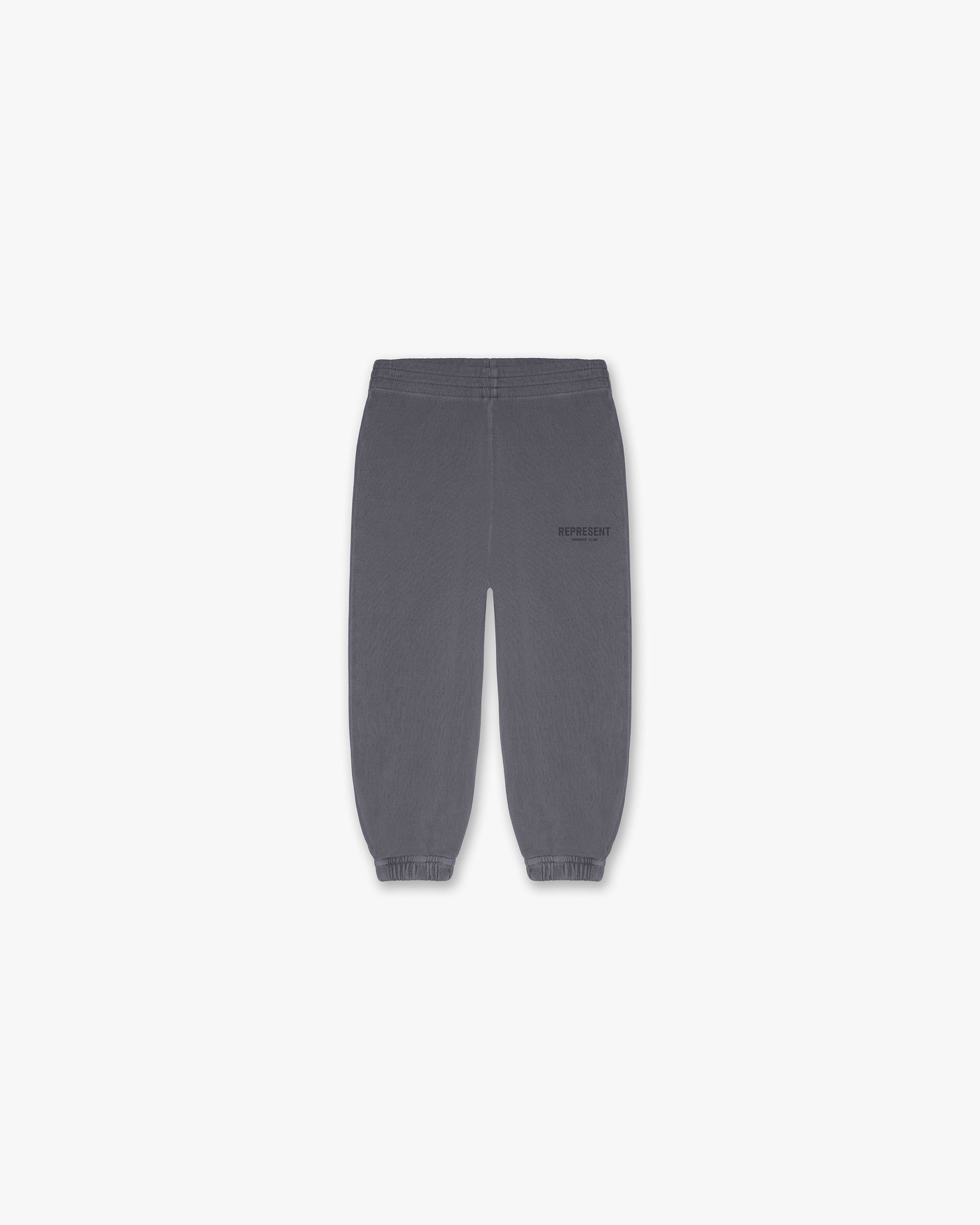 Front product image of children's grey sweatpants on a plain white background | Represent Mini Owners Club Sweatpants in Storm | Sweatpants with elasticated waistband | Owners Club Pants | Represent Clo