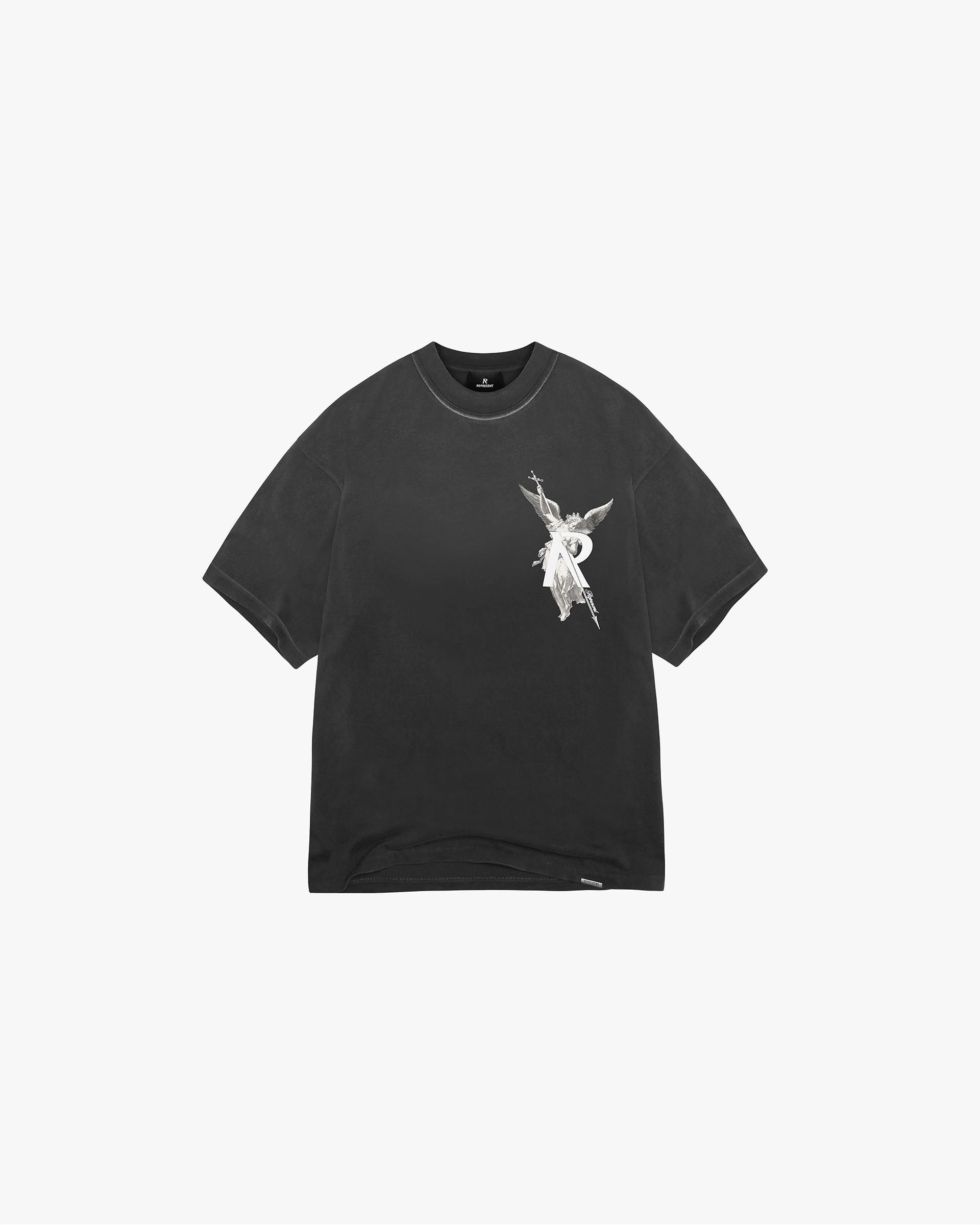 Front product image of a mens black t-shirt on a plain white background | Archangel T-Shirt in Stained Black | Premium cotton t-shirt with unique design | FW24 T-Shirts | Represent Clo