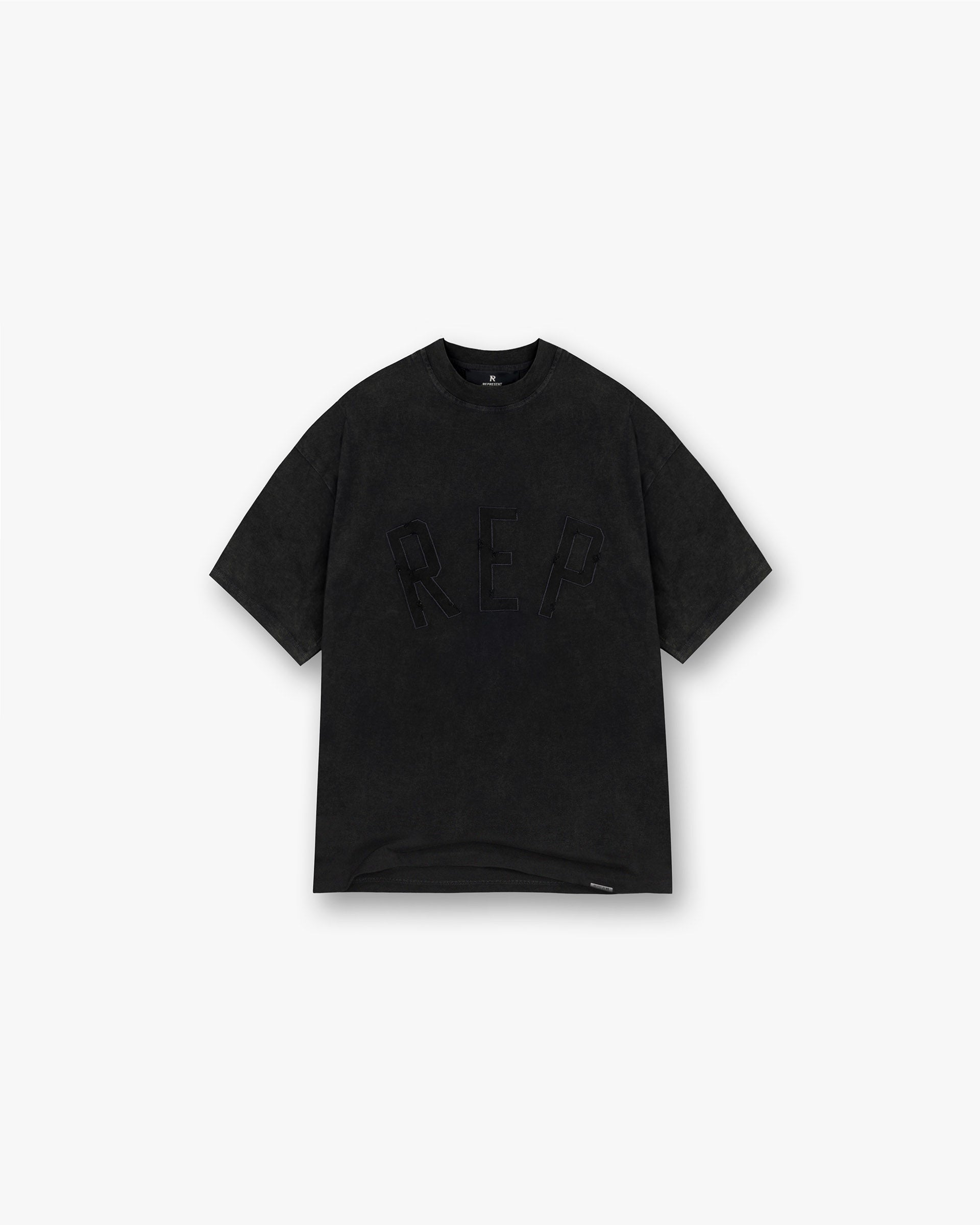 Front product image of a mens black t-shirt on a plain white background | Rep Applique T-Shirt in Off Black | T-shirt with applique logo | SS25 T-Shirts | Represent Clo