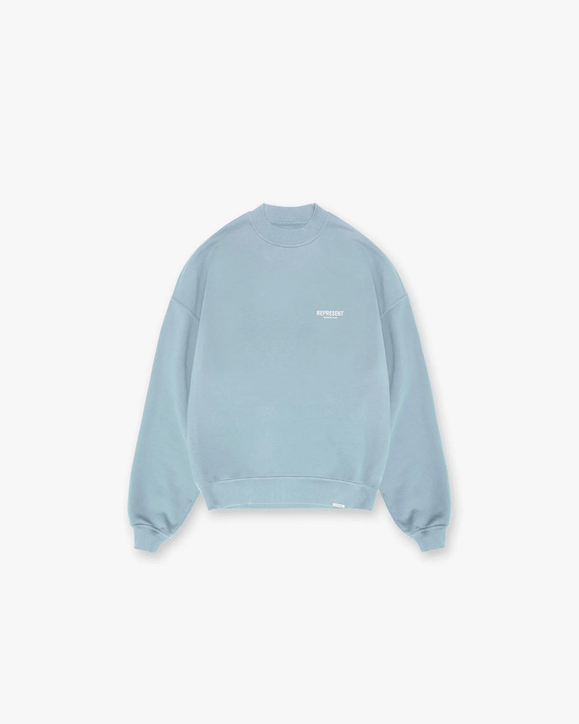 Back product image of a mens blue sweater on a plain white background | Represent Owners Club Sweater in Powder Blue | Oversized crewneck sweater with ribbed trims | Owners Club Sweaters | Represent Clo