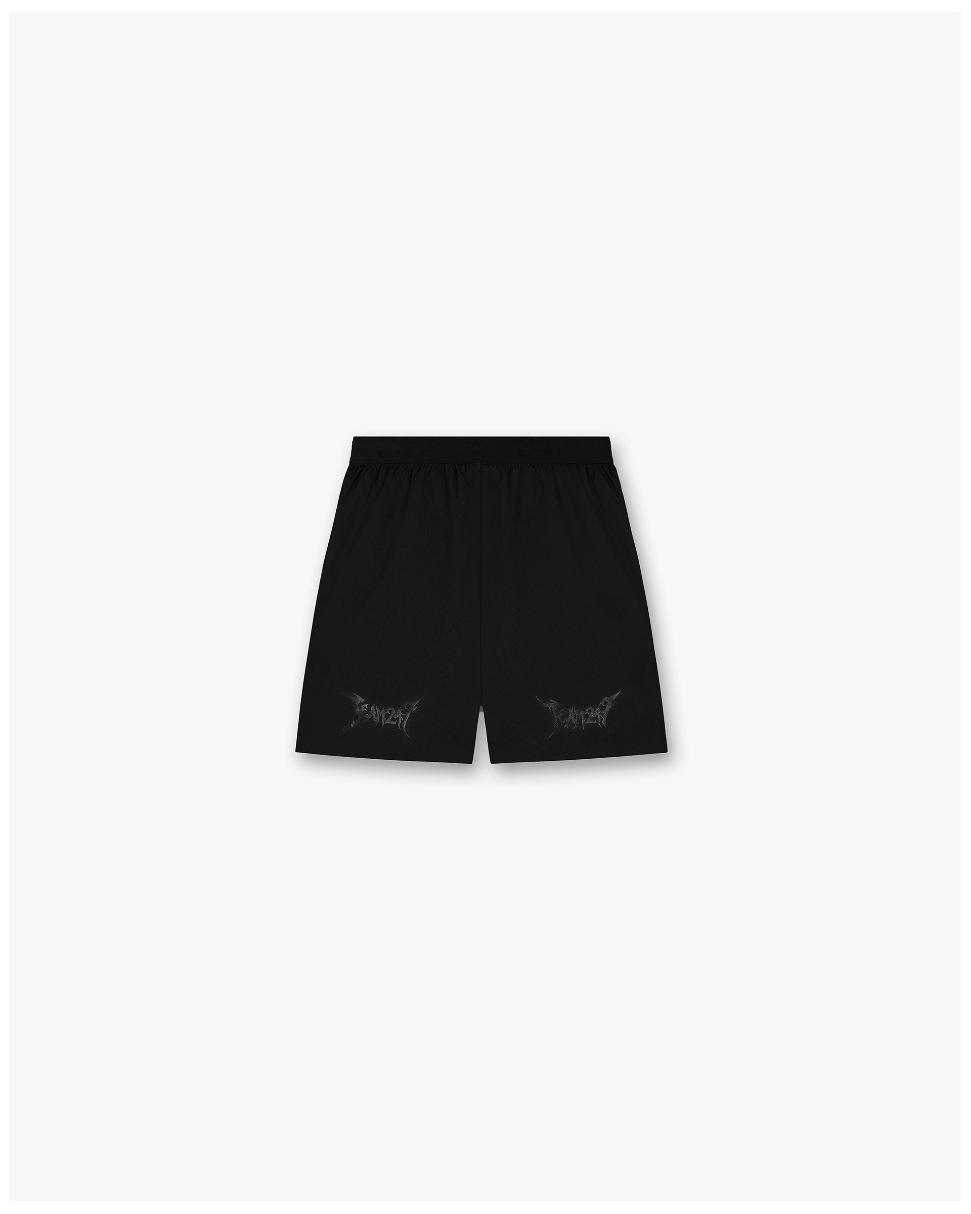 Back product image of mens black shorts on a plain white background | Team 247 X END Fused Short in Jet Black | Quick-drying nylon blend shorts with secure pockets | 247 Shorts | Represent Clo
