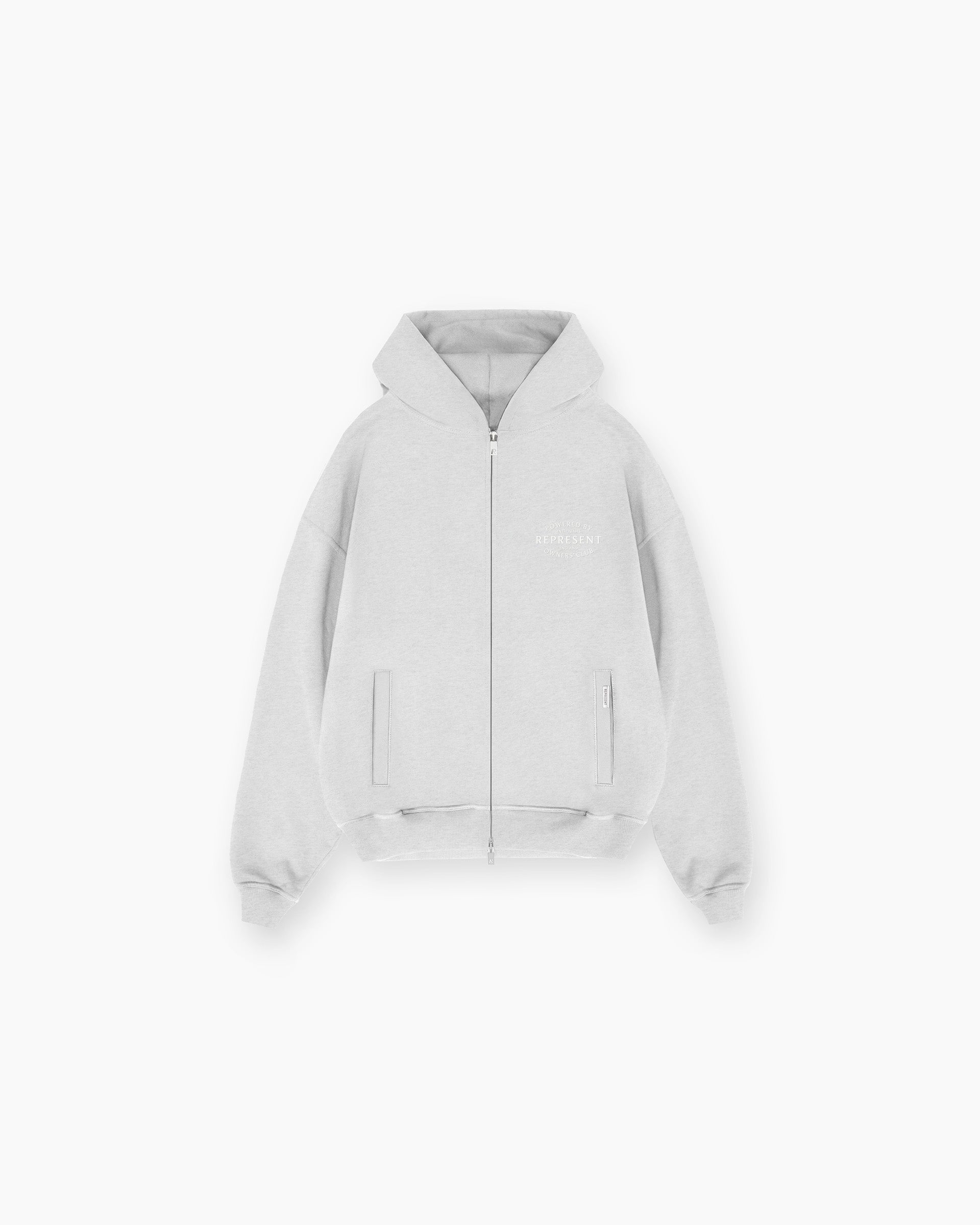 Front product image of a mens grey zip up hoodie on a plain white background | Represent Owners Club Stamp Zip Up Hoodie in Ash Grey | Zip up hoodie with seamless design and antibacterial finish | Owners Club Hoodies | Represent Clo