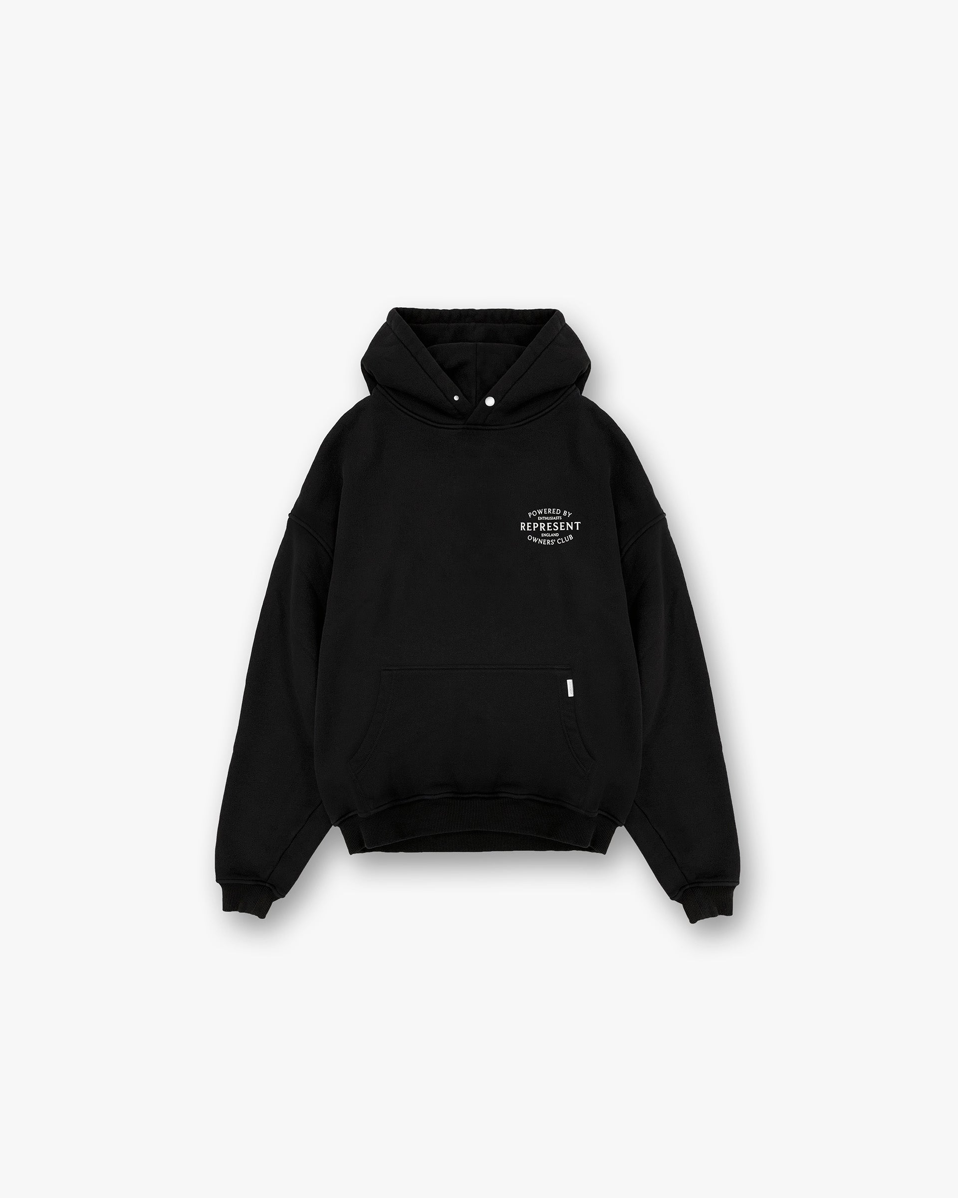 Back product image of a mens black hoodie on a plain white background | Represent Owners Club Stamp Hoodie in Jet Black | Heavy weight hoodie with ribbed hem and cuffs | Owners Club Hoodies | Represent Clo