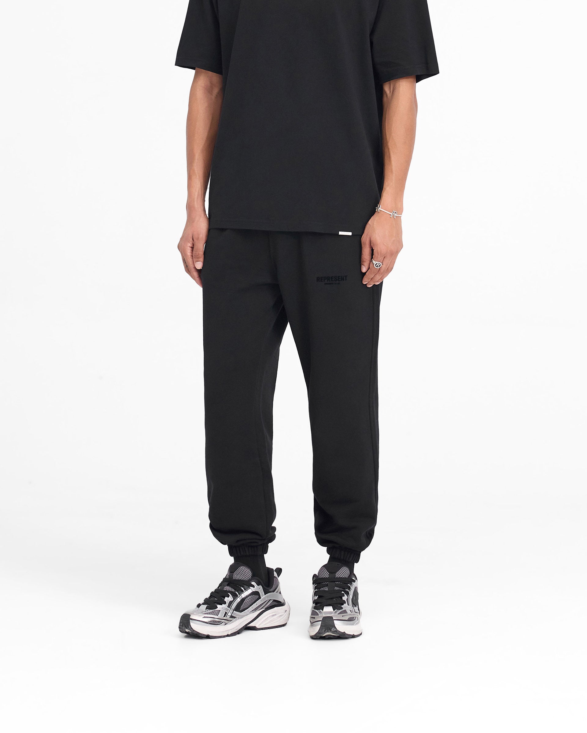 Back product image of mens black sweatpants on a plain white background | Represent Owners Club Flocked Sweatpant in Black | Sweatpants with elasticated waistband and flocking print | Owners Club Pants | Represent Clo