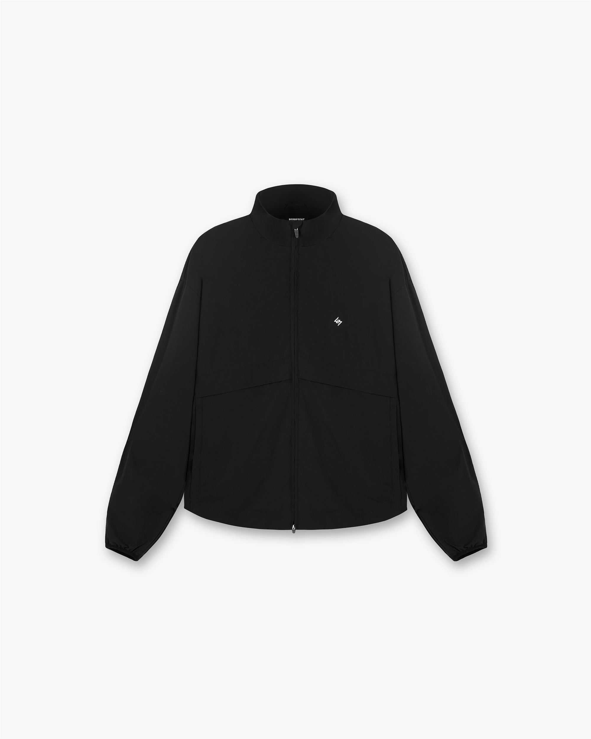 Front product image of a mens black track jacket on a plain white background | Team 247 Track Jacket in Black | Track jacket with 247 logo detailing | 247 Outerwear | Represent Clo