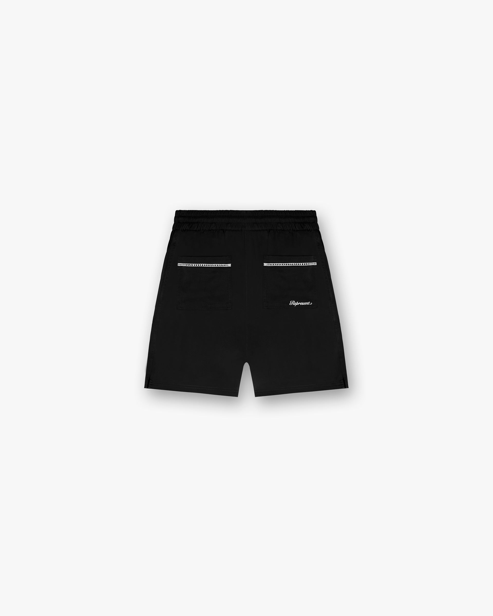 Back product image of mens black shorts on a plain white background | Resort Shorts in Jet Black | Shorts with elasticated waistband and drawcord | SC24 Shorts | Represent Clo