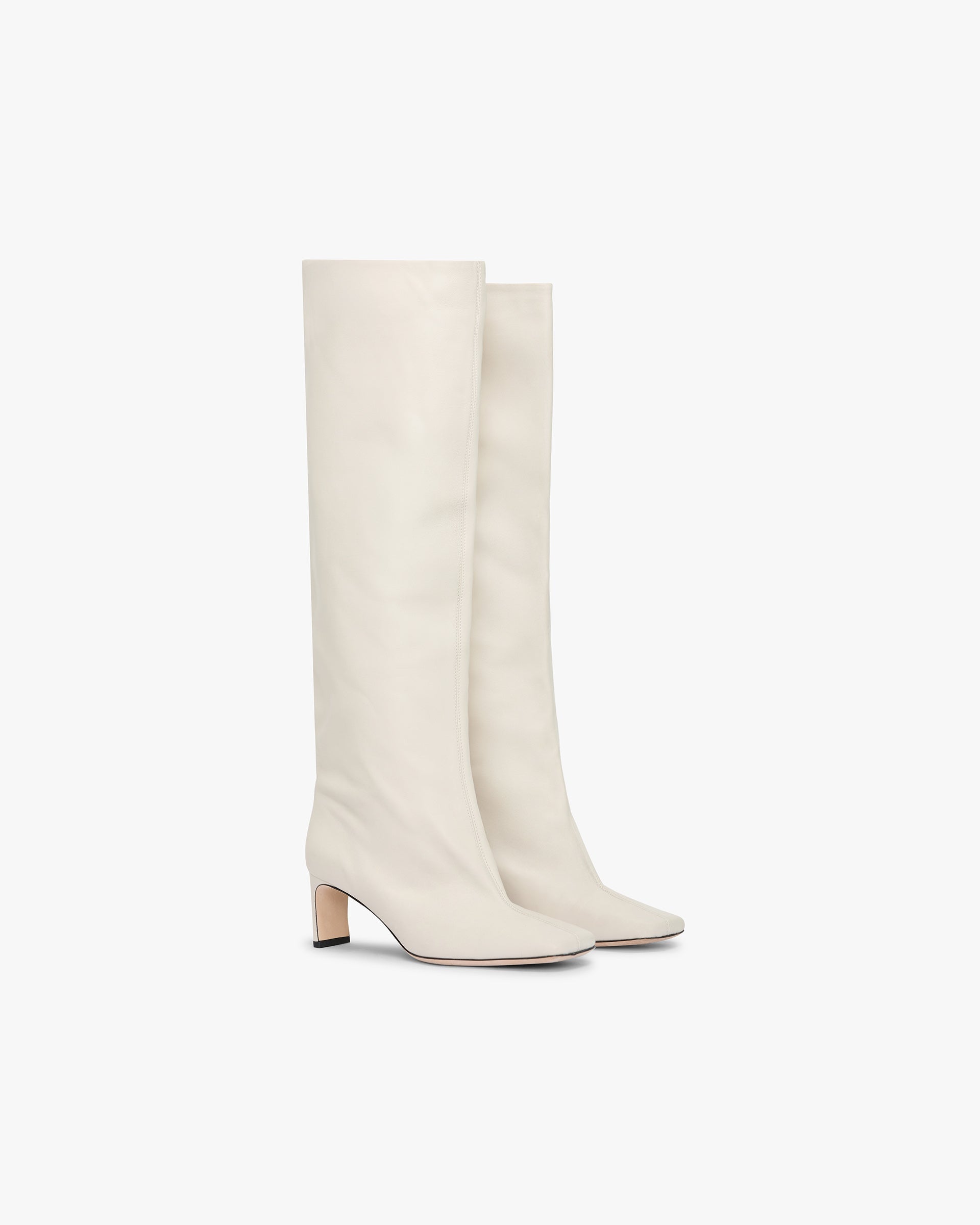 Back product image of a womens ecru knee boot on a plain white background | Square Toe Knee Boot in Ecru | Knee high boots with square toe and slouchy look | Womens SS25 Footwear | Represent Clo