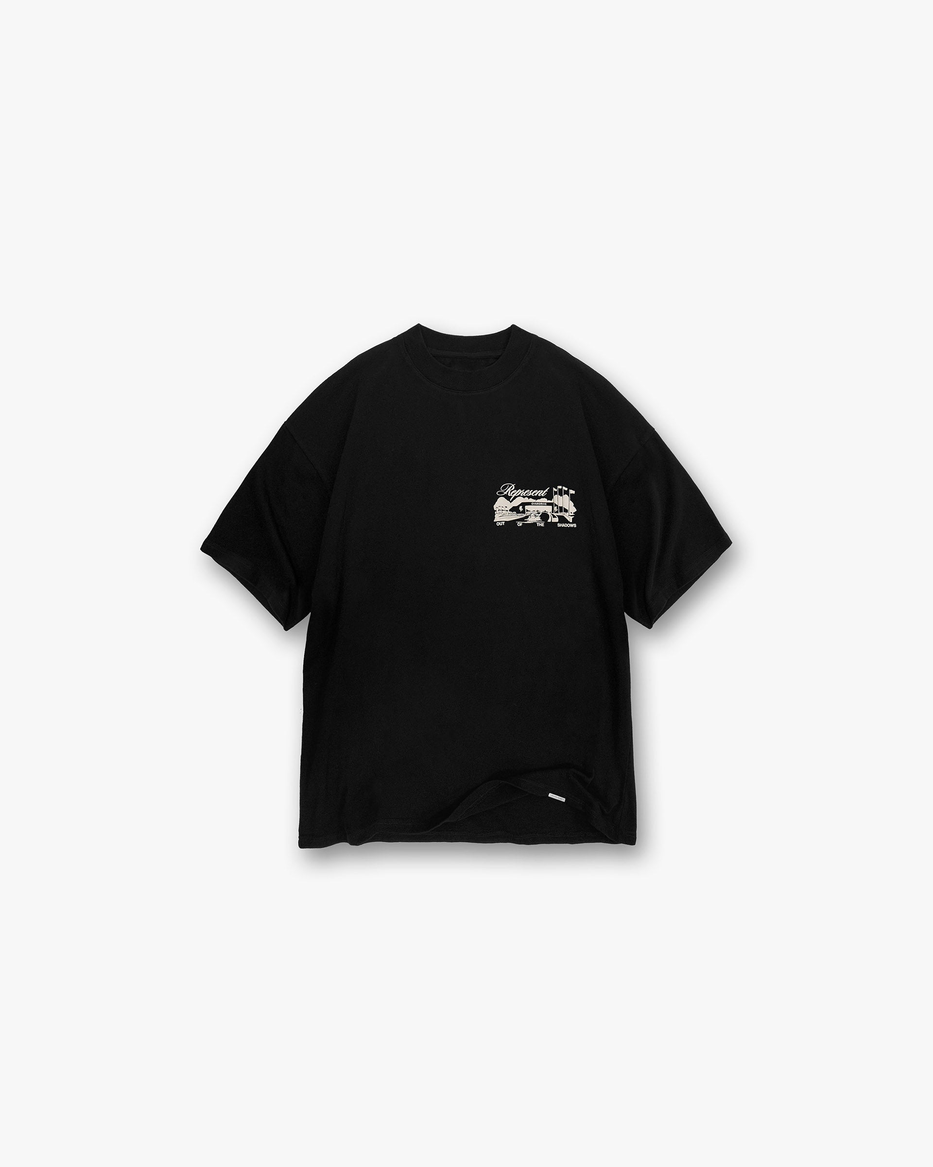 Front product image of a mens black t-shirt on a plain white background | Raceway T-Shirt in Jet Black | Oversized t-shirt with screen print graphic | SS25 T-Shirts | Represent Clo