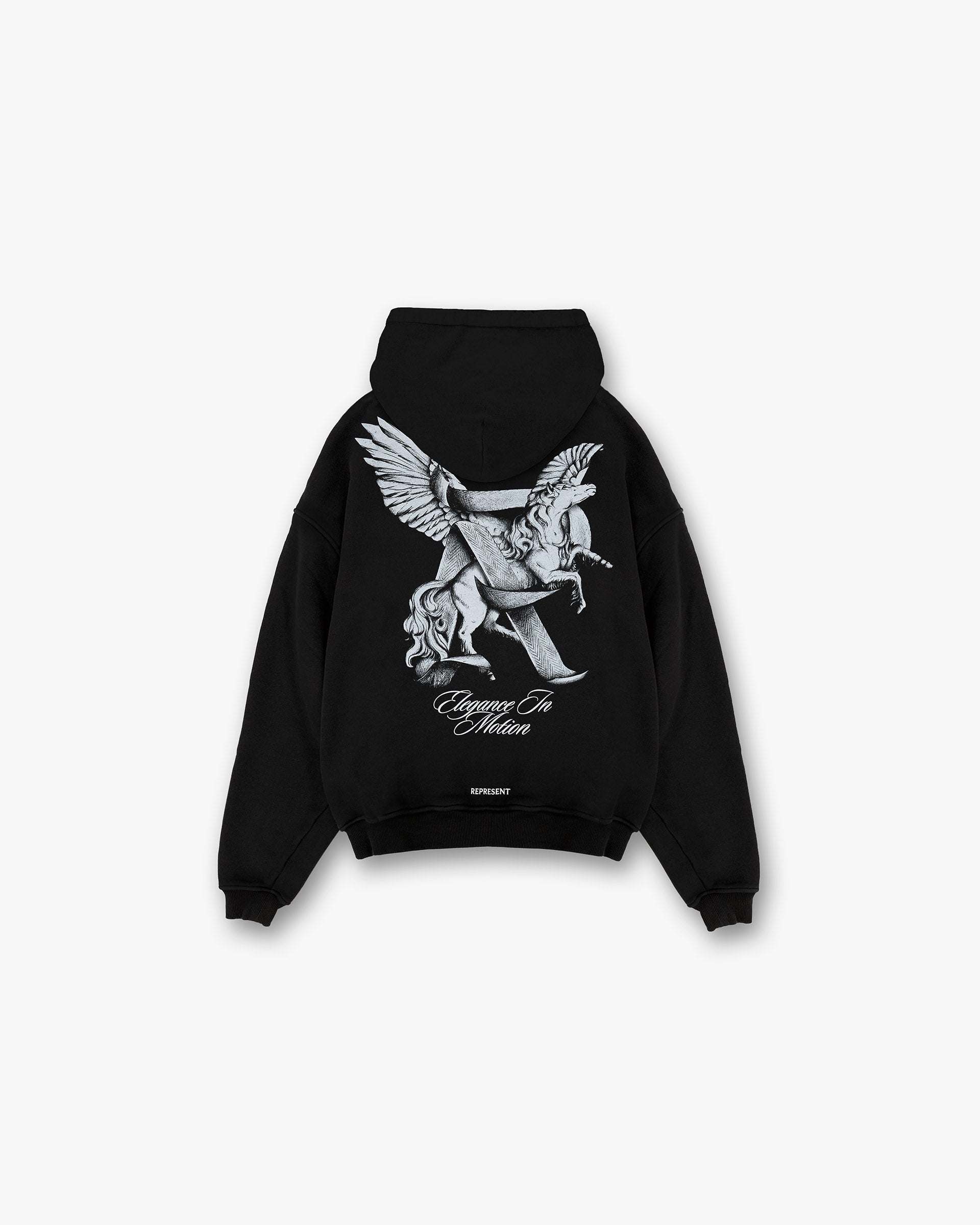 Back product image of a mens black hoodie on a plain white background | Elegance In Motion Hoodie in Jet Black | Graphic oversized hoodie with popper fastening | SS25 Hoodies | Represent Clo