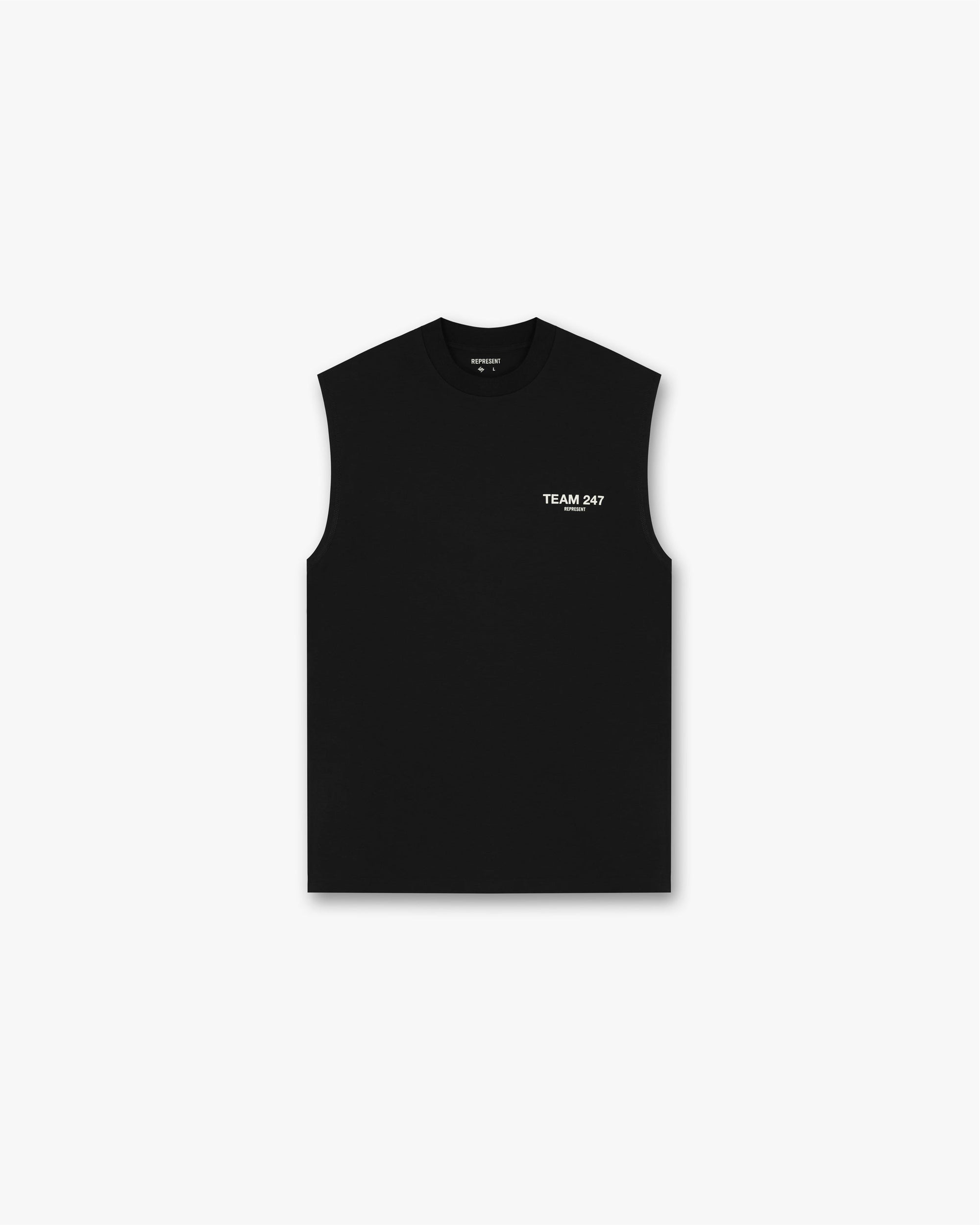 Front product image of a mens black tank on a plain white background | Team 247 Oversized Tank in Black | Oversized tank with embroidered logo | 247 T-Shirts | Represent Clo