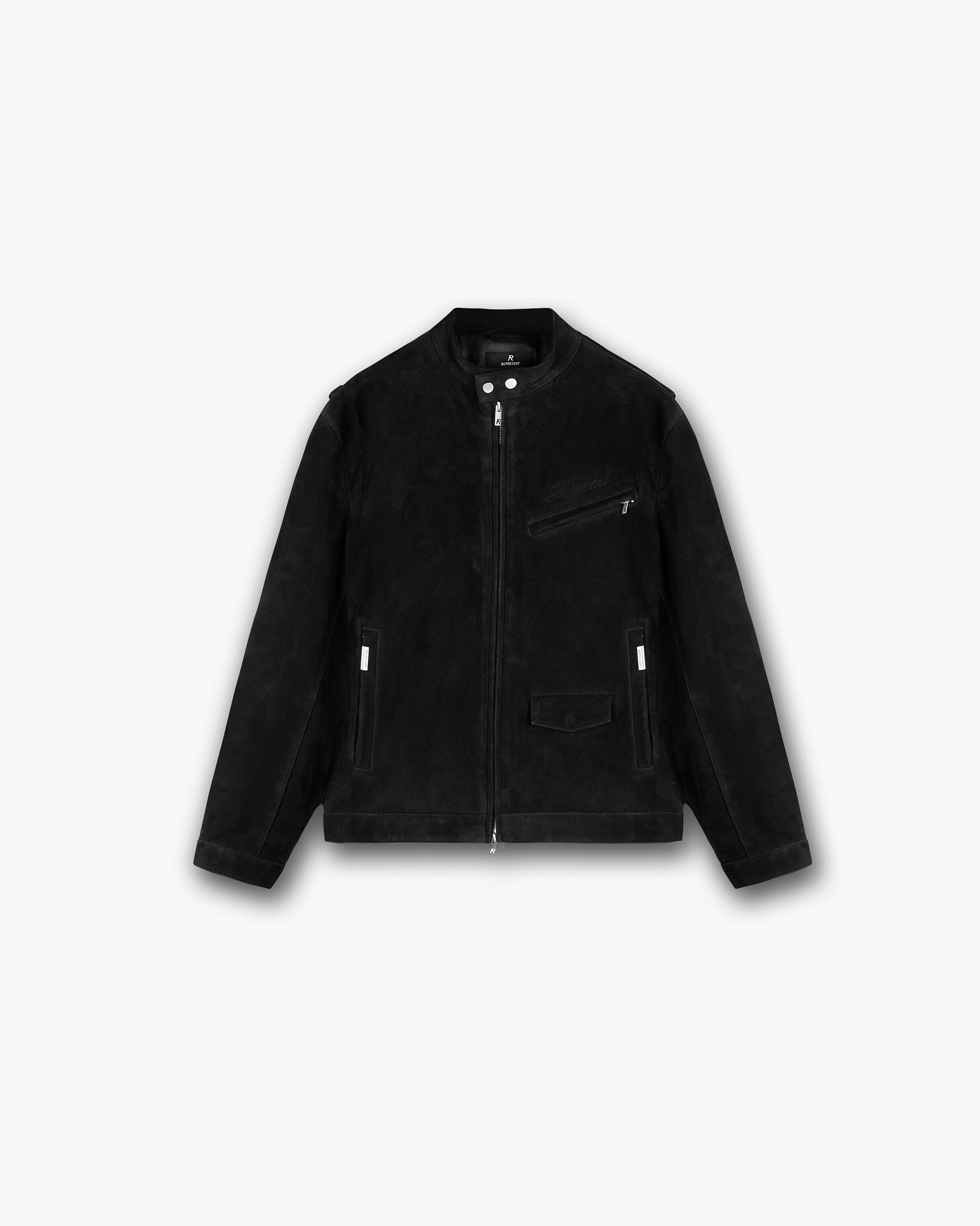 Front product image of a mens black suede jacket on a plain white background | Overdrive Suede Jacket in Jet Black | Suede jacket with classic design | SS25 Outerwear | Represent Clo
