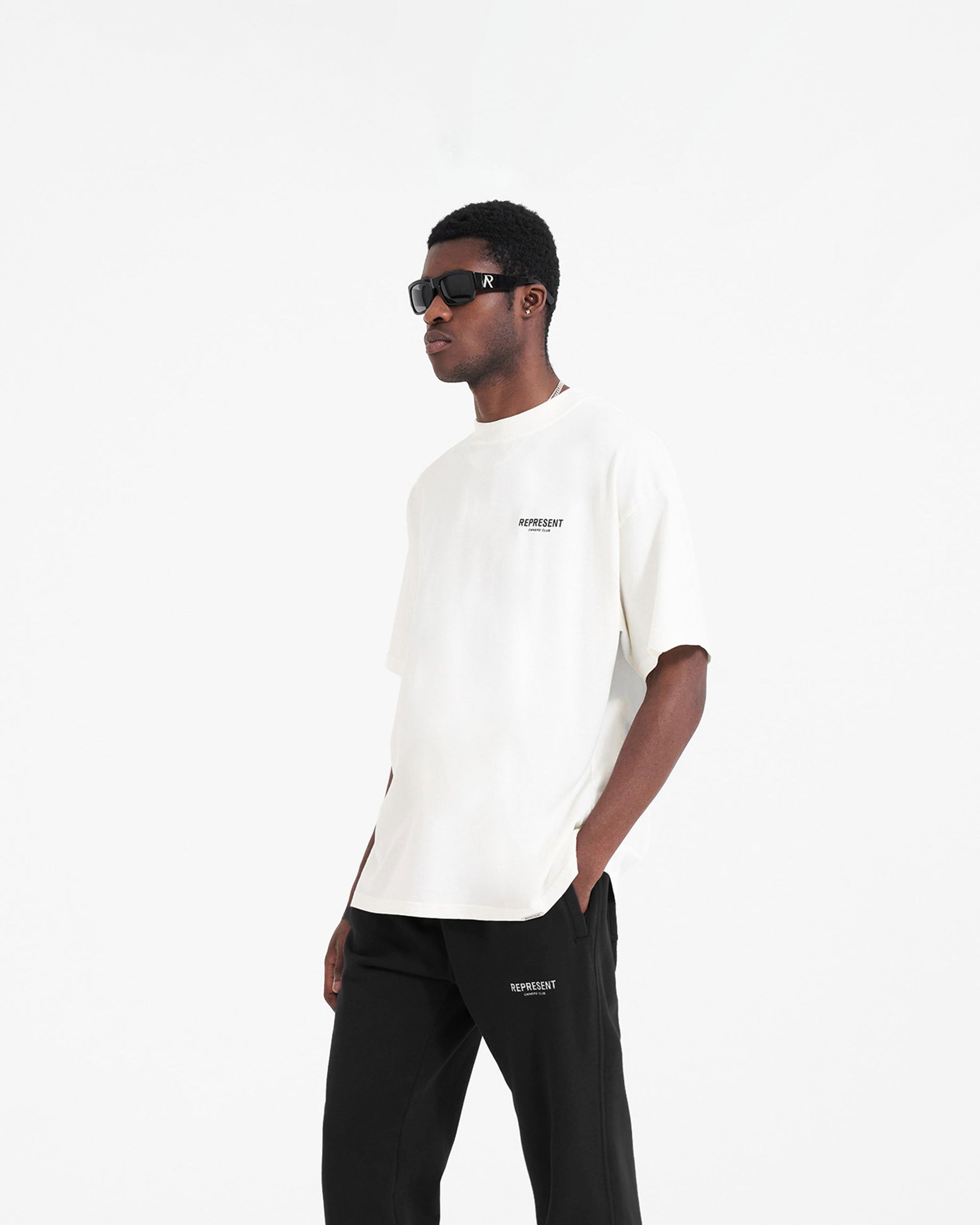 Back product image of mens black sweatpant on a plain white background | Represent Owners Club Sweatpant in Black | Sweatpant with rear patch pocket and elasticated cuffs | Owners Club Pants | Represent Clo