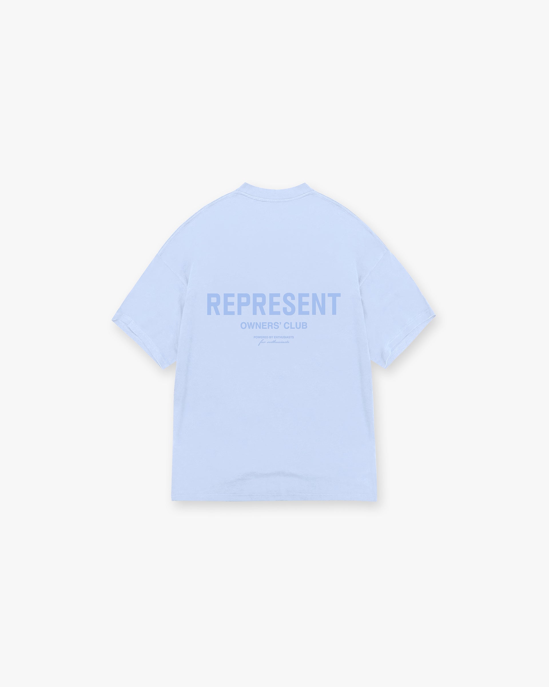 Front product image of a mens blue t-shirt on a plain white background | Represent Owners Club T-Shirt in Vista Blue | T-Shirt with screen print graphic | Owners Club T-Shirts | Represent Clo