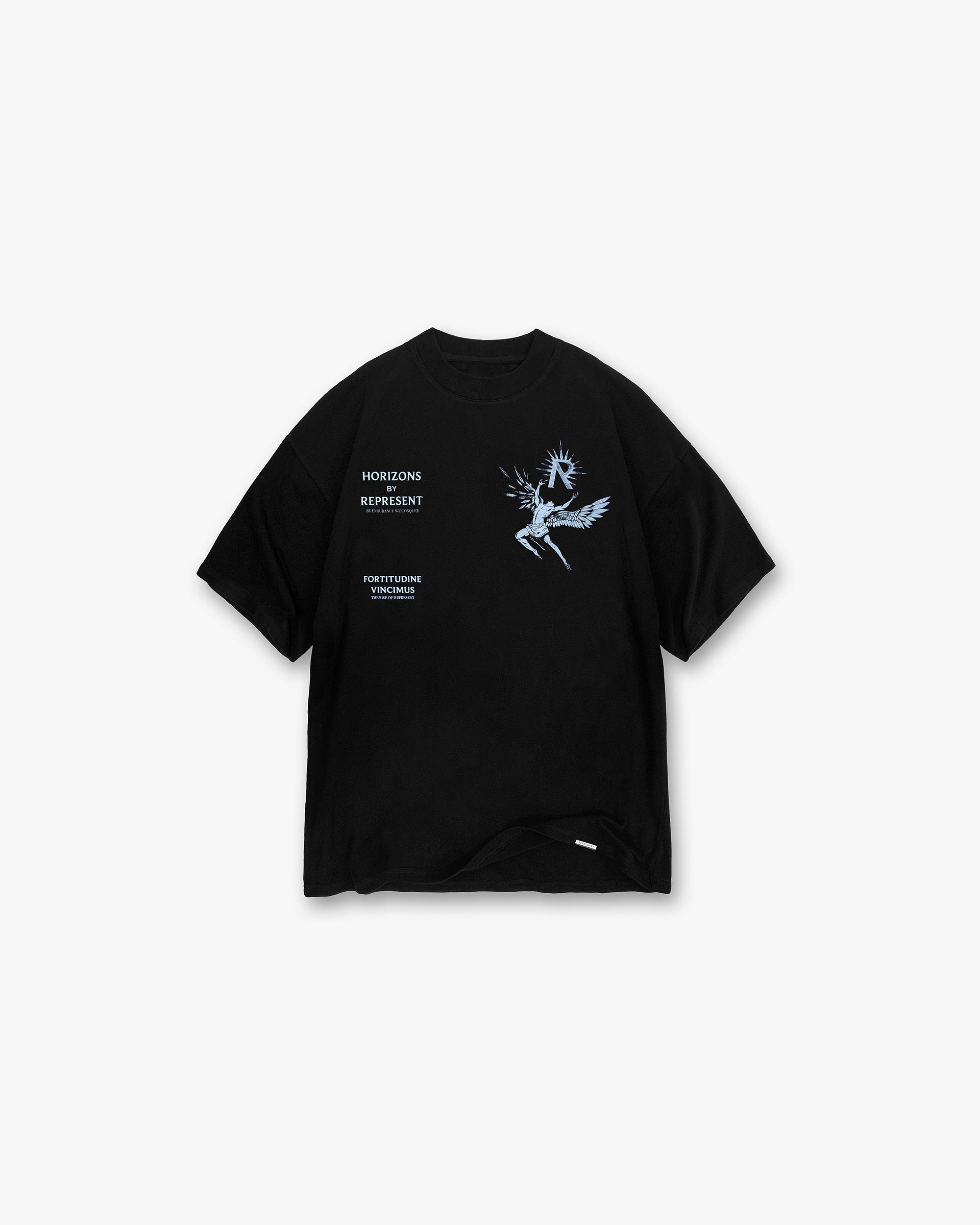 Front product image of a mens black t-shirt on a plain white background | Icarus T-Shirt in Jet Black Blue | Oversized t-shirt with chest pockets and concealed placket | SS24 T-Shirts | Represent Clo