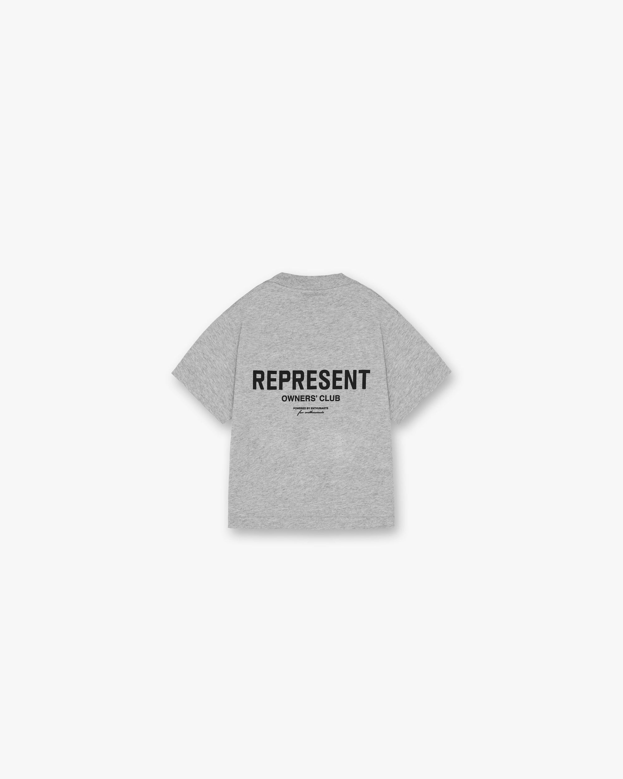 Front product image of a mens grey t-shirt on a plain white background | Represent Mini Owners Club T-Shirt in Ash Grey | Oversized cotton t-shirt with racing club puff print | Owners Club T-Shirts | Represent Clo