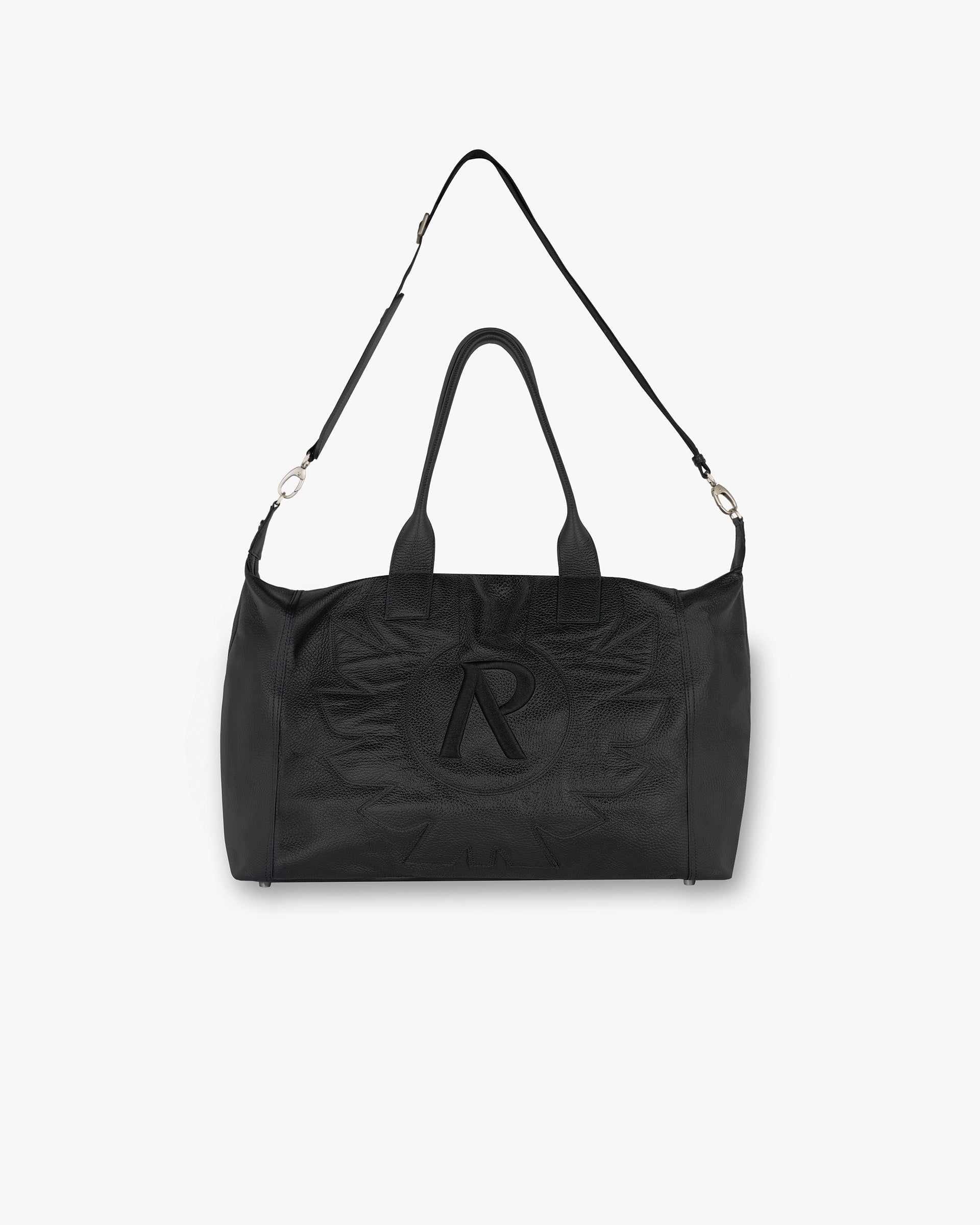 Back product image of a mens black leather duffle bag on a plain white background | Represent X Belstaff Phoenix Leather Duffle Bag in Black | Grain calf leather duffle bag with zip opening and detachable strap | Exclusives Accessories | Represent Clo