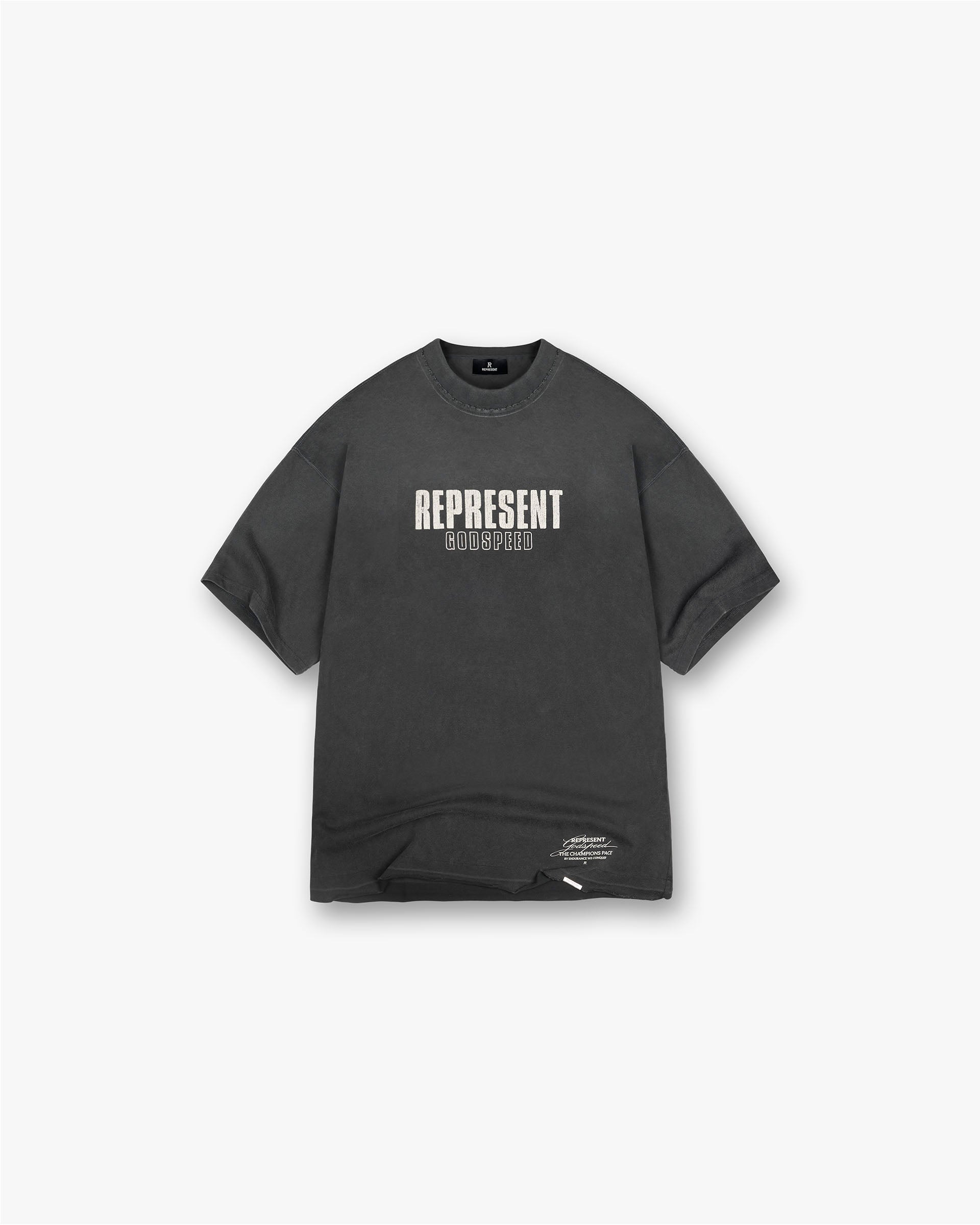 Front product image of a mens black t-shirt on a plain white background | Godspeed T-Shirt in Aged Black | Classic mens t-shirt | FW24 T-Shirts | Represent Clo