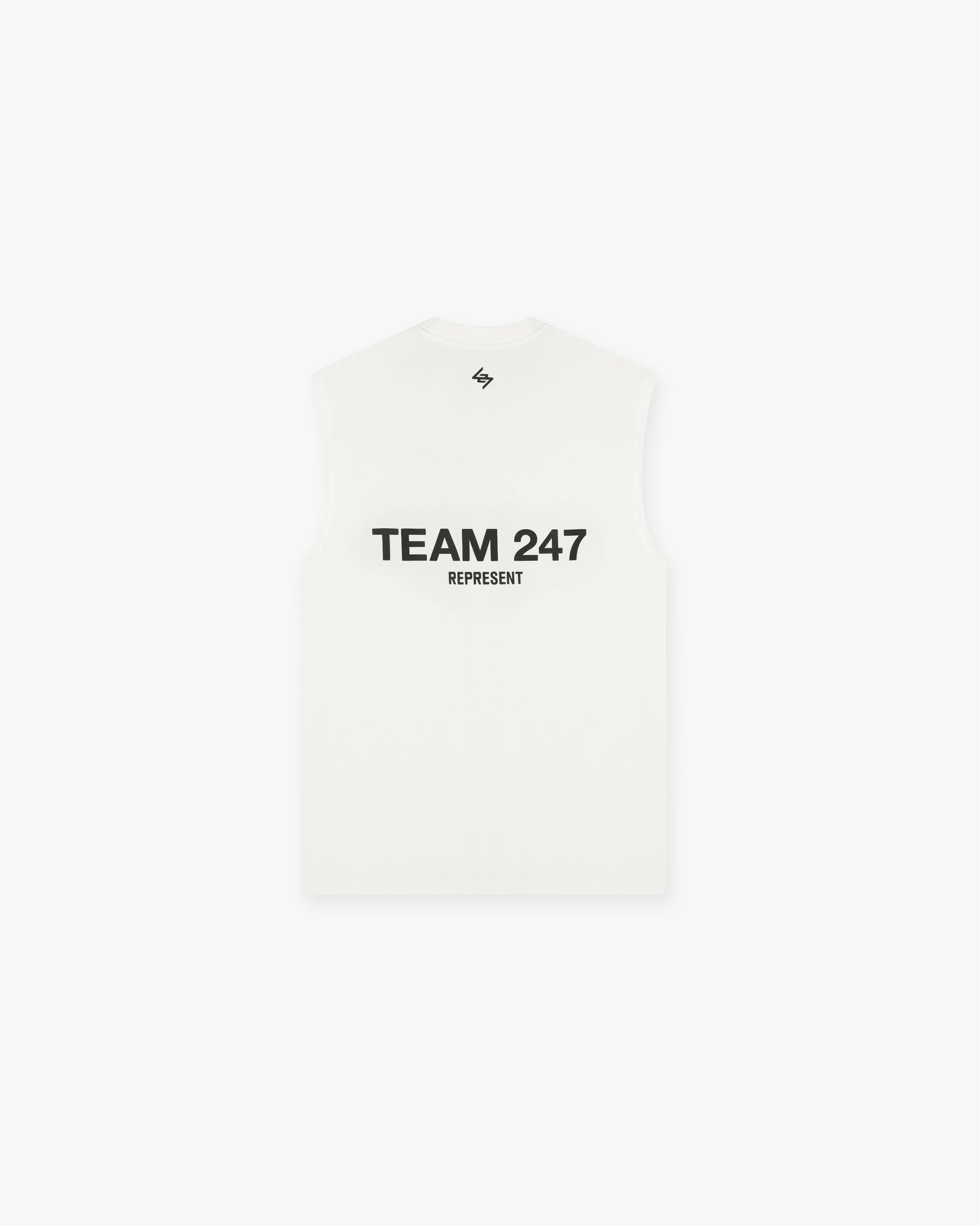Back product image of a mens white oversized tank on a plain white background | Team 247 Oversized Tank in Flat White | Lightweight breathable tank top with 4-way stretch | 247 T-Shirts | Represent Clo