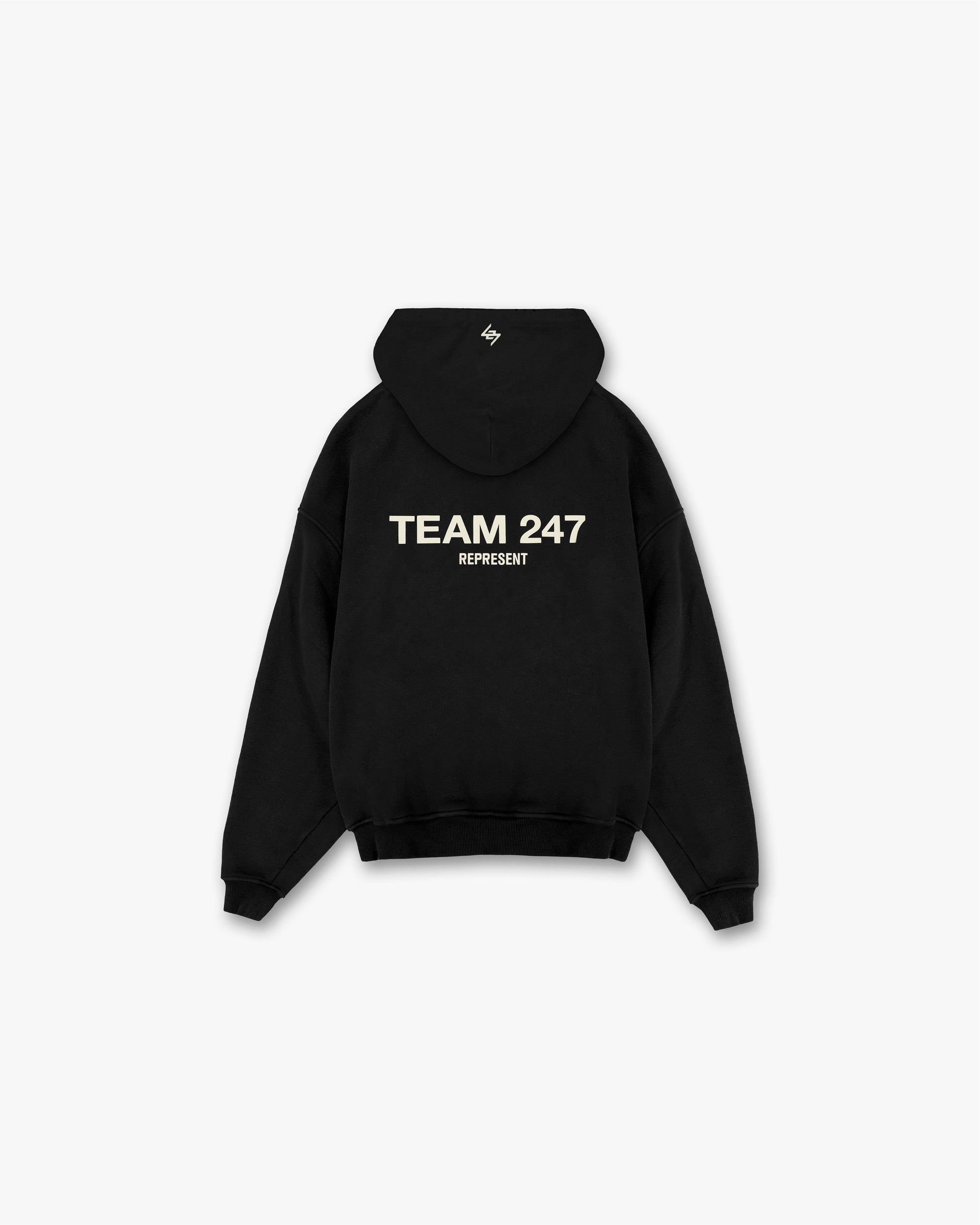 Back product image of a mens black hoodie on a plain white background | Team 247 Oversized Hoodie in Black | Oversized fit hoodie with ribbed cuffs and Team 247 branding | 247 Hoodies | Represent Clo
