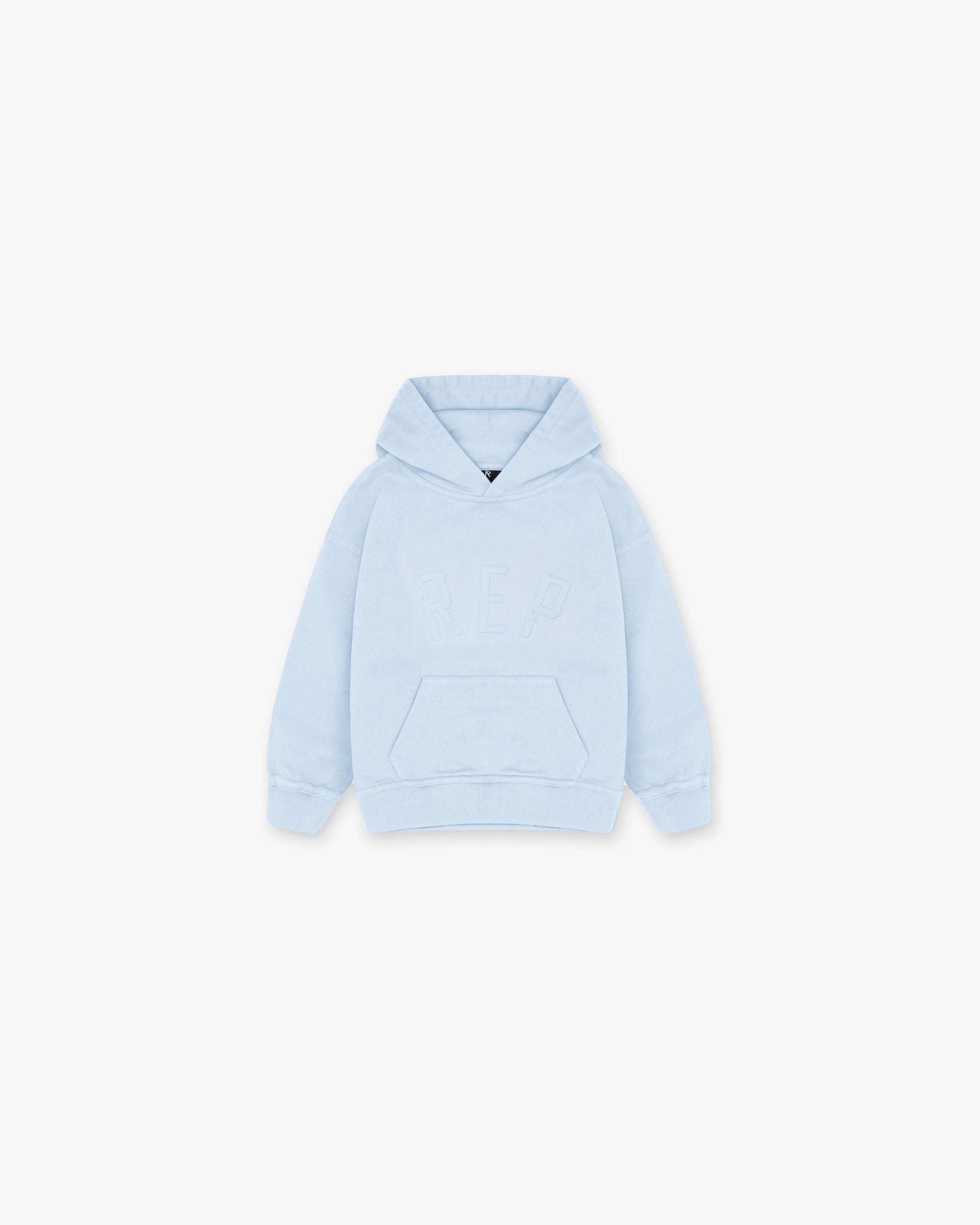 Front product image of a kids blue hoodie on a plain white background | Mini Rep Applique Hoodie in Powder Blue | Oversized children's hoodie in luxury jersey cotton | FW24 Hoodies | Represent Clo