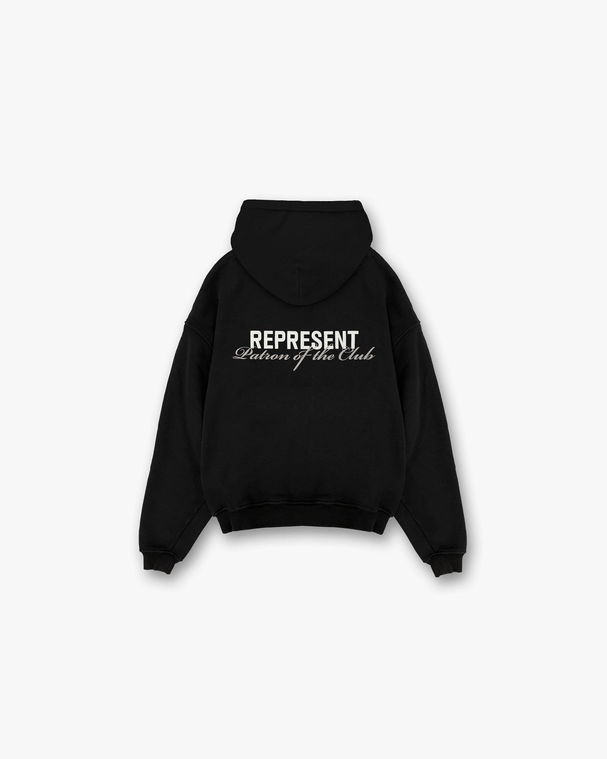 Back product image of a mens black hoodie on a plain white background | Patron Of The Club Hoodie in Black | Oversized fit heavy weight jersey hoodie with print | Patrons Hoodies | Represent Clo