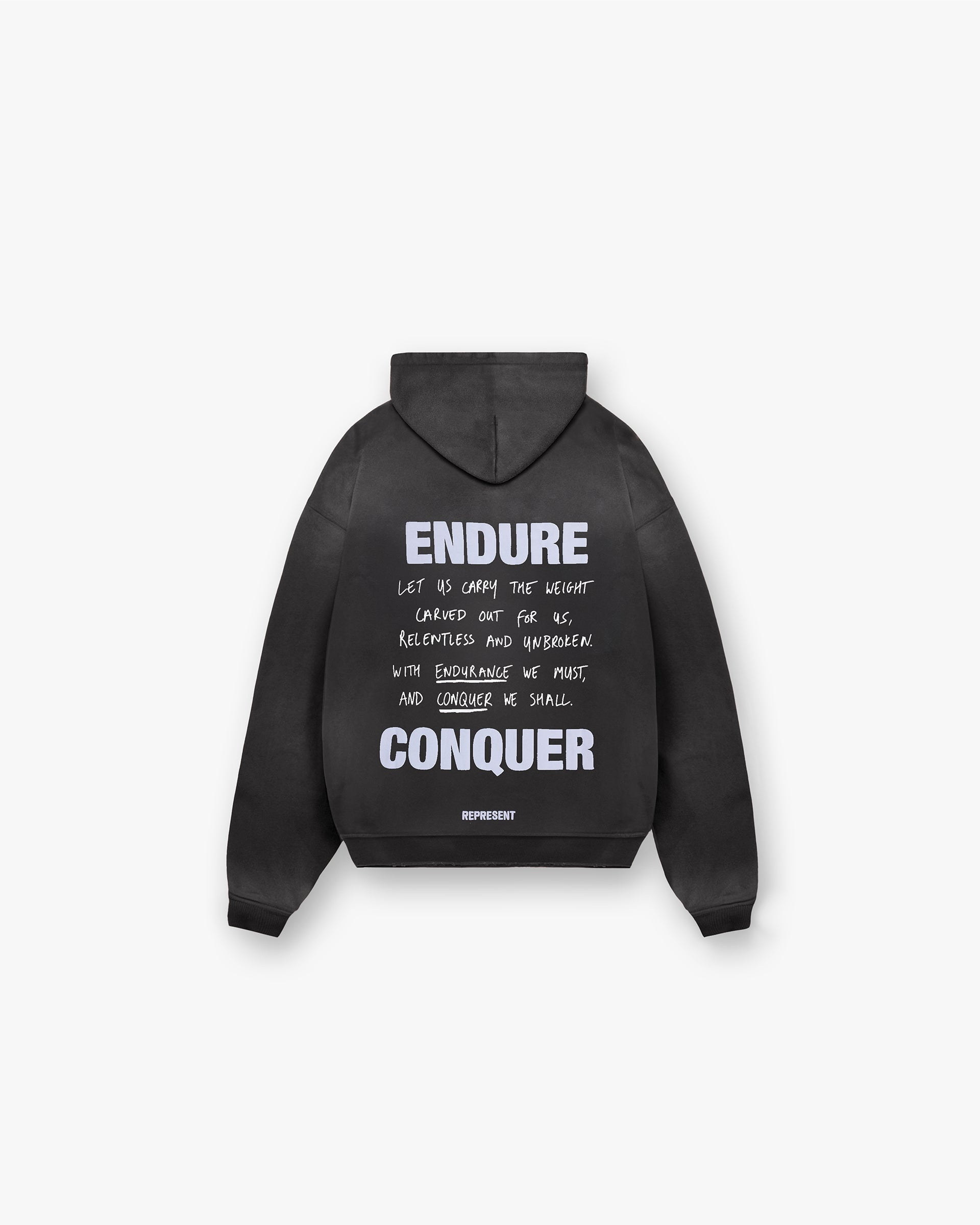 Back product image of a mens black hoodie on a plain white background | Atlas Hoodie in Stained Black | Hoodie with fade out wash and puff print graphics | FW24 Hoodies | Represent Clo