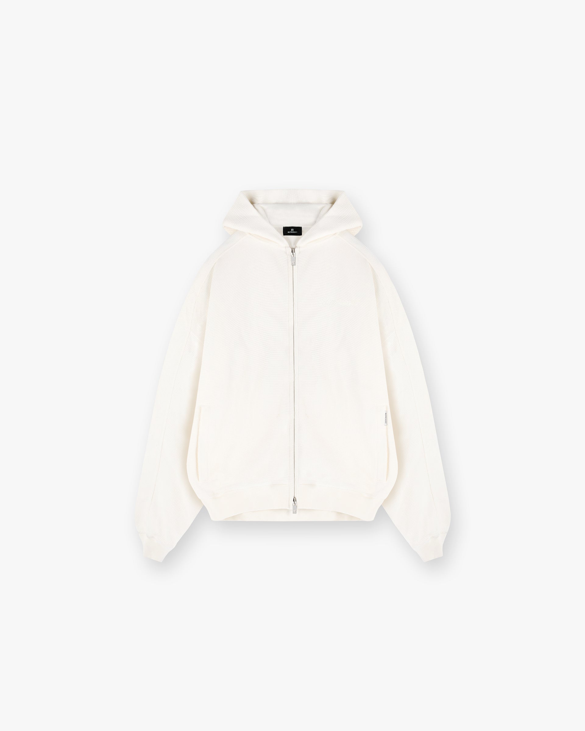 Front product image of a mens white hoodie on a plain white background | Waffle Zip Through Hoodie in Flat White | Cotton jersey zip through hoodie | SS25 Hoodies | Represent Clo
