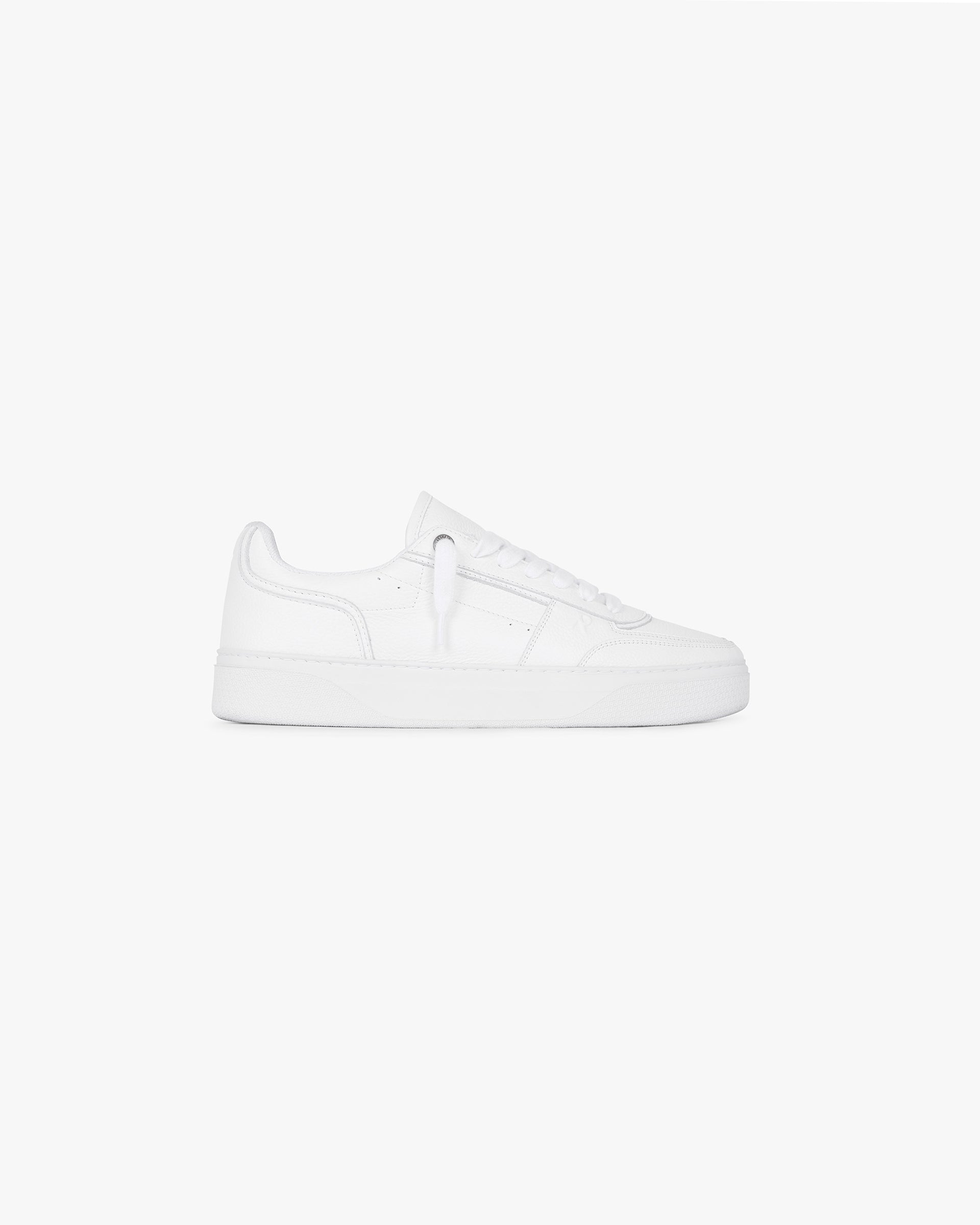 Front product image of a mens white sneaker on a plain white background | Initial Sneaker Leather Flat White | Leather sneakers with lace-up closure | FW24 Footwear | Represent Clo