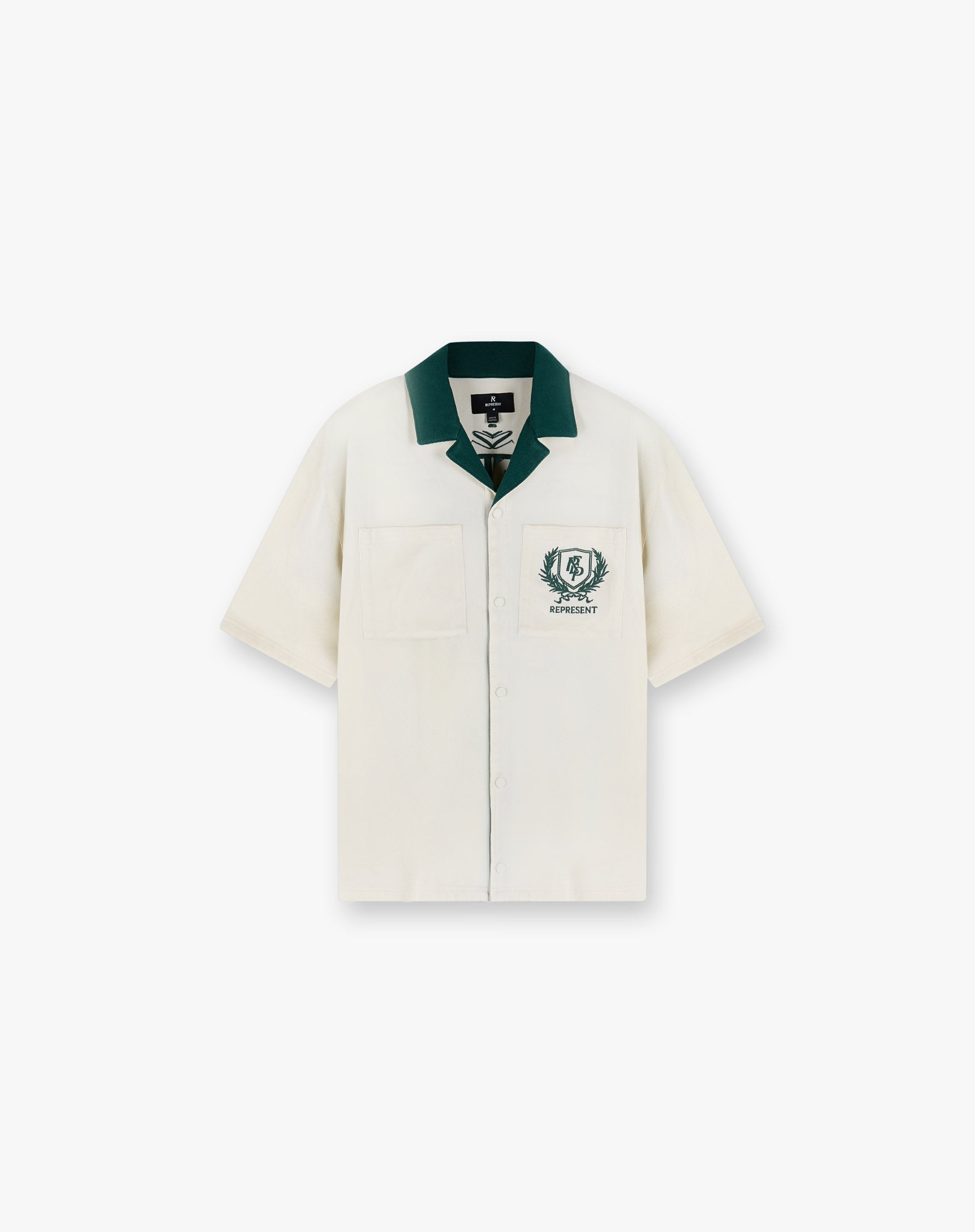 Front product image of a mens white shirt on a plain white background | Represent Crest Shirt in Antique White | Cotton waffle t-shirt with boxy fit | SS25 Shirts | Represent Clo