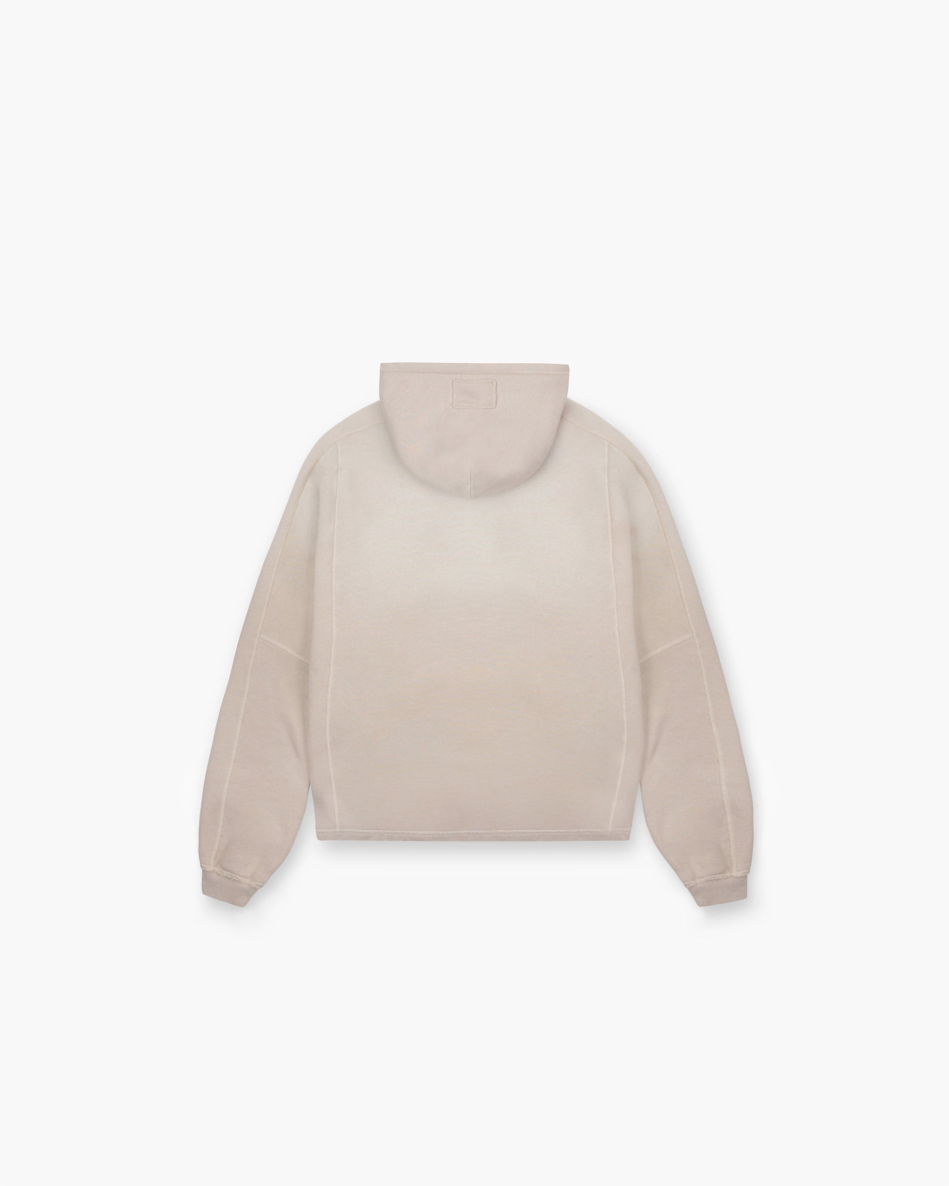 Back product image of a mens beige hoodie on a plain white background | Stepped Hem Hoodie in Oat | Oversized hoodie with stepped hem and ribbed trim edge | FW24 Hoodies | Represent Clo