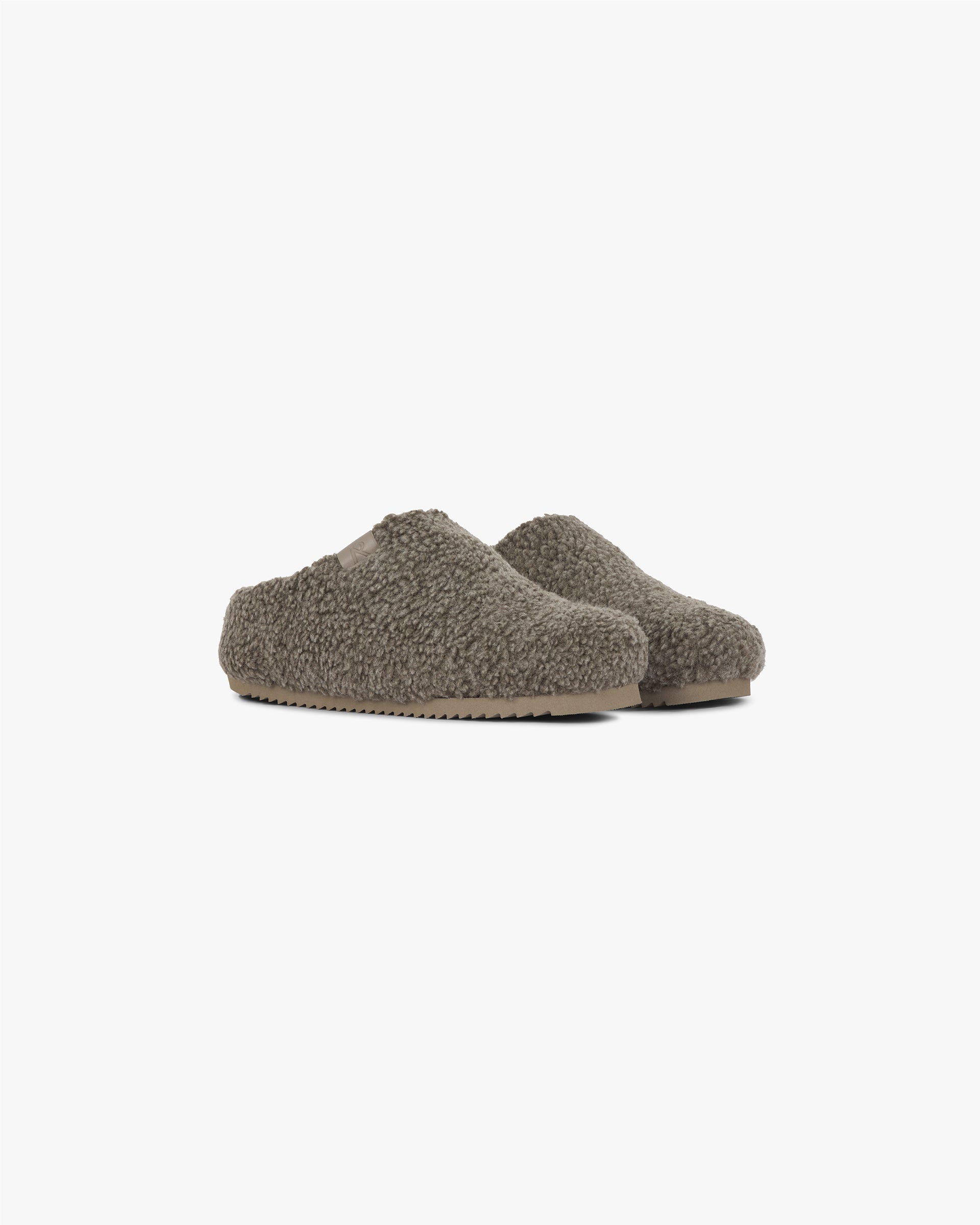 Back product image of a mens grey fluffy mule on a plain white background | Fluffy Mule in Rock | Fluffy mule with tonal embossed detail and lining | FW24 Footwear | Represent Clo