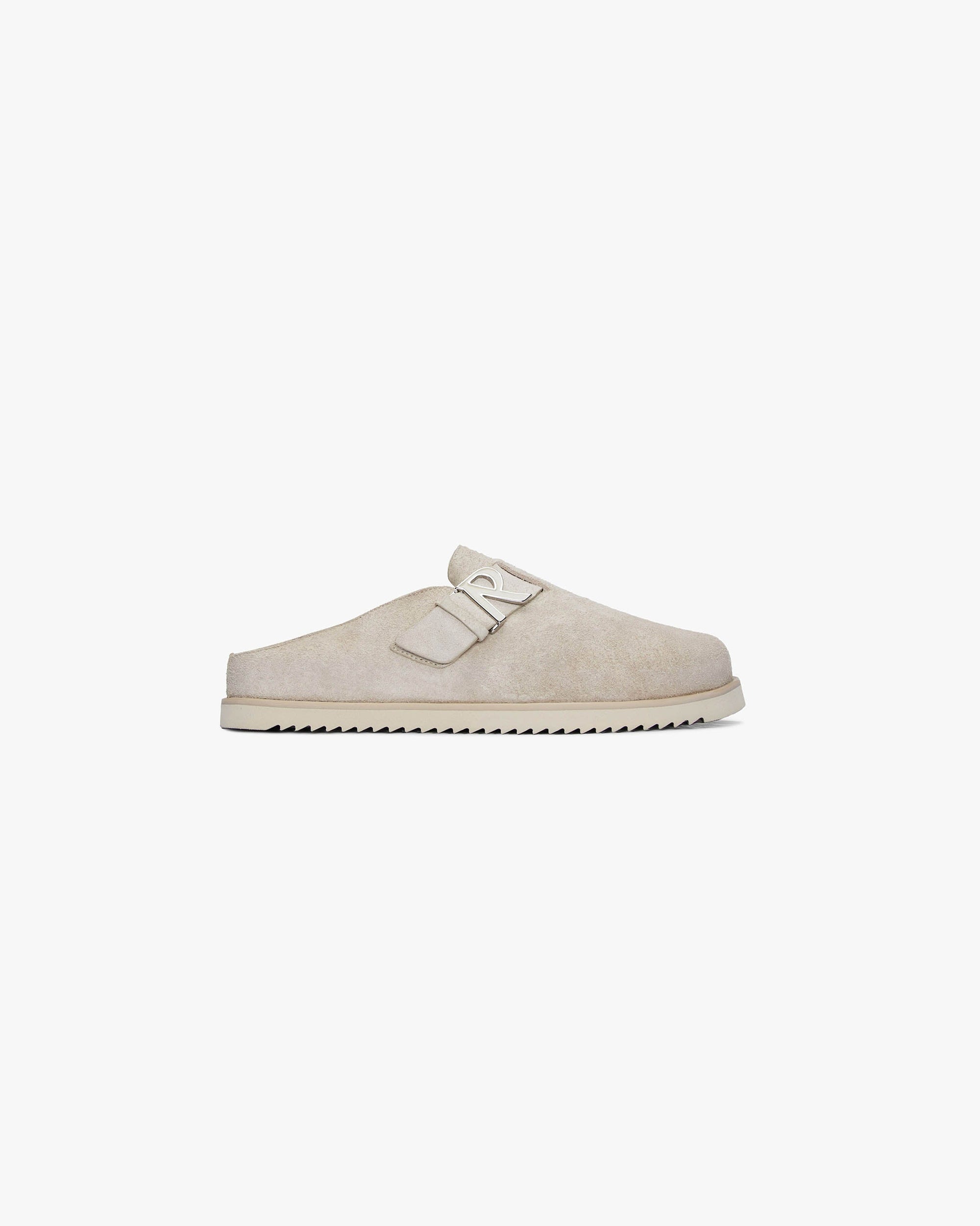 Front product image of a mens taupe mule on a plain white background | Initial Mule in Taupe | Slip-on mule crafted from premium materials | SC23 Footwear | Represent Clo