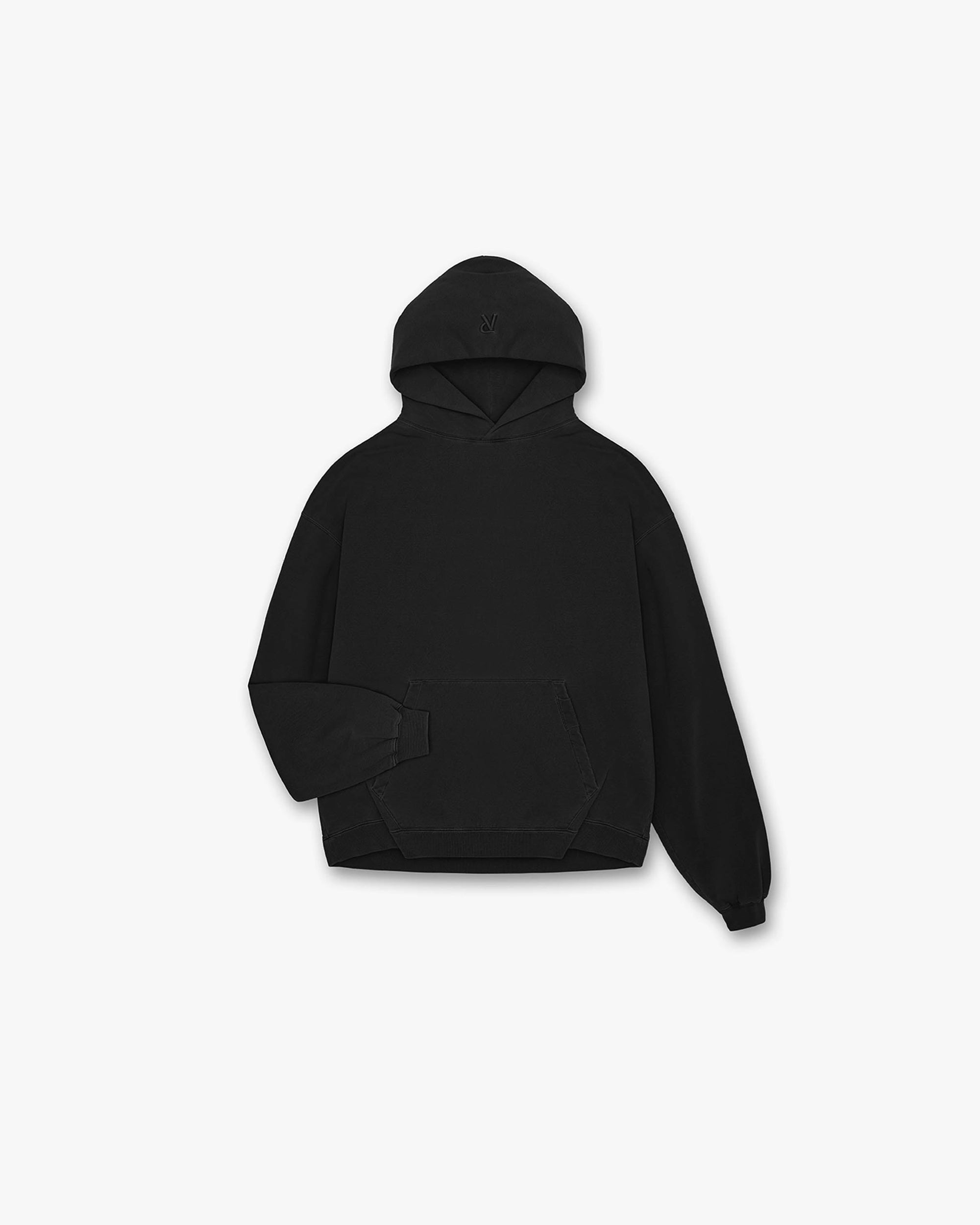 Front product image of a mens black hoodie on a plain white background | Initial Hoodie in Jet Black | Oversized hoodie with embroidered Initial and Represent metal bar logo | Initial Hoodies | Represent Clo