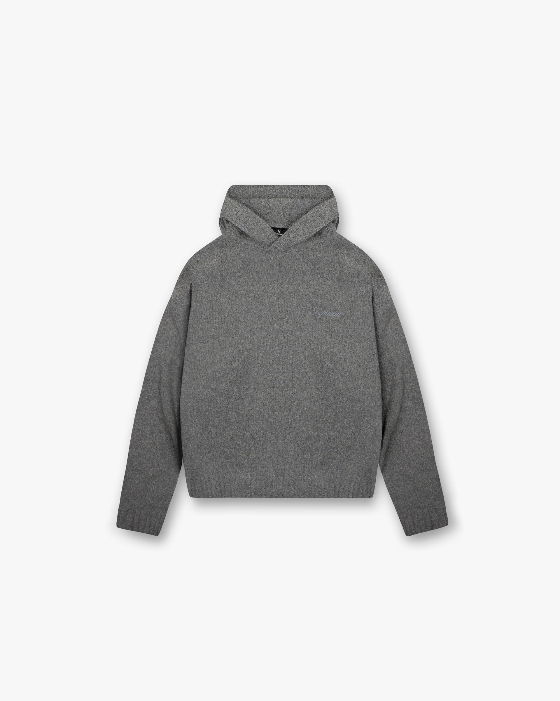 Front product image of a mens grey knit hoodie on a plain white background | Heavy Boucle Hoodie in Rock | Knitwear with a heavy texture | FW24 Knitwear | Represent Clo