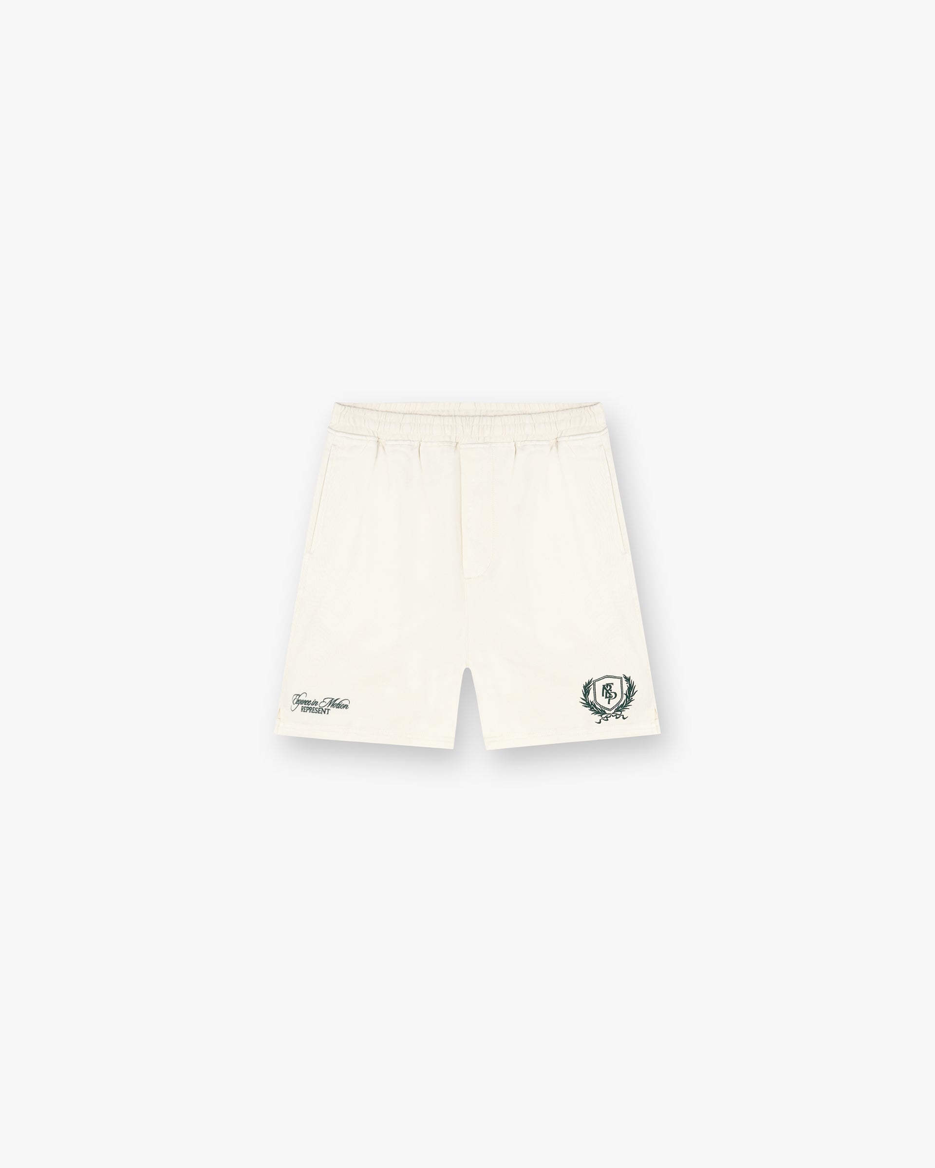 Front product image of mens white shorts on a plain white background | Represent Crest Short in Antique White | Nylon shorts | SS25 Shorts | Represent Clo