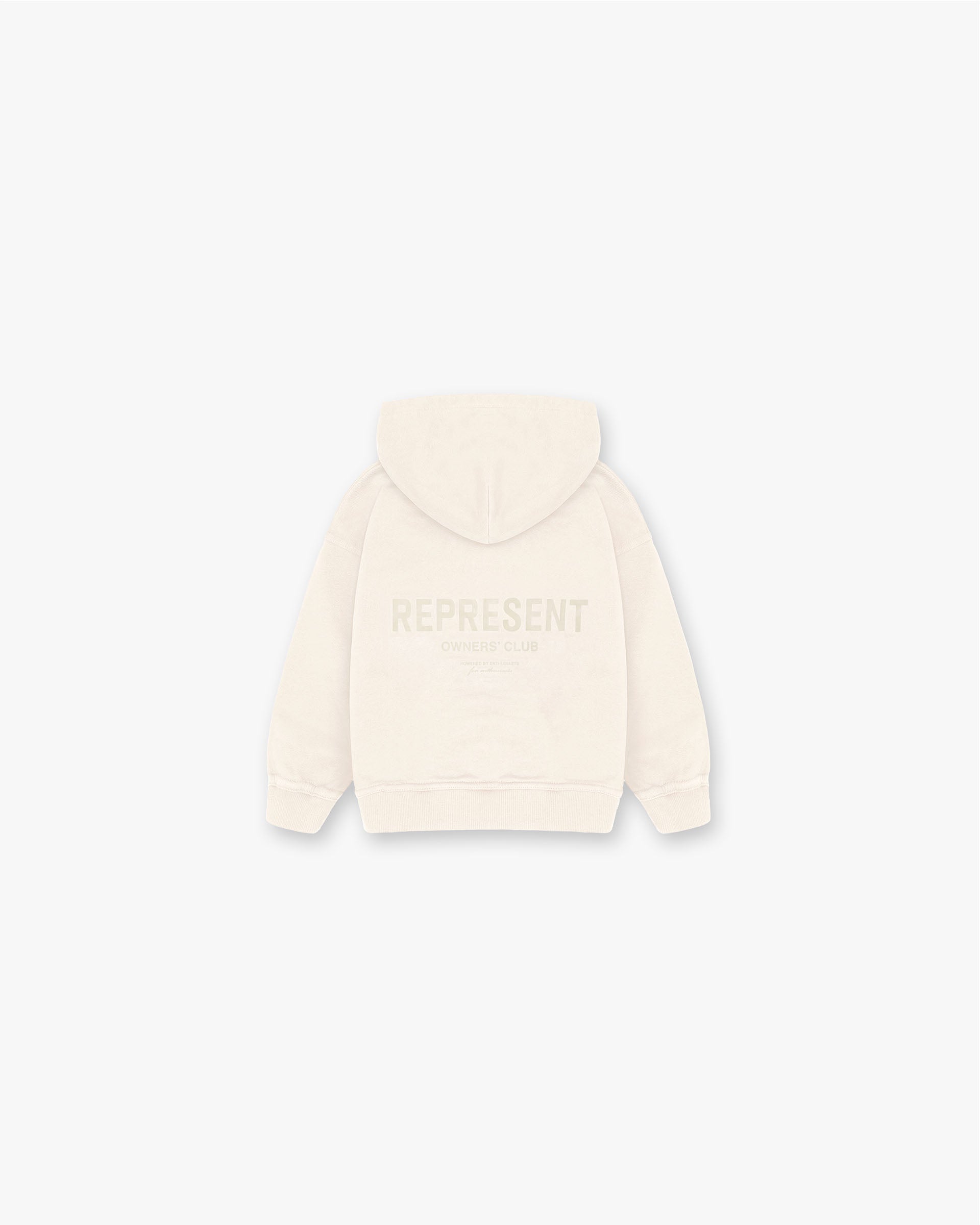 Back product image of a kids buttercream hoodie on a plain white background | Represent Mini Owners Club Hoodie in Buttercream | Kids oversized hoodie with screen printed graphic | Mini Owners Club Hoodies | Represent Clo