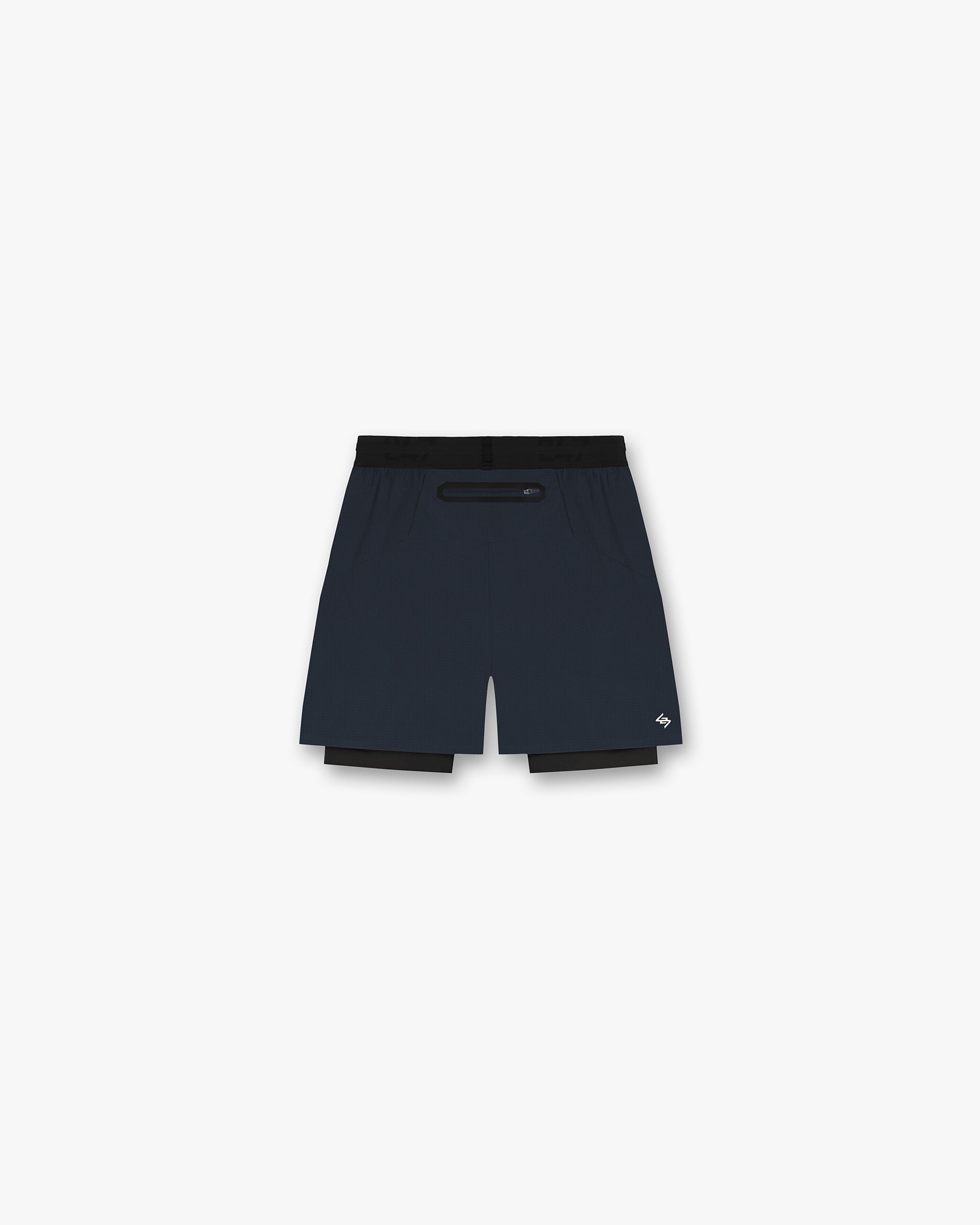 Back product image of mens navy shorts on a plain white background | 247 Trail Short in Navy | 2-in-1 shorts with 4-way stretch and bonded pocket | 247 Shorts | Represent Clo