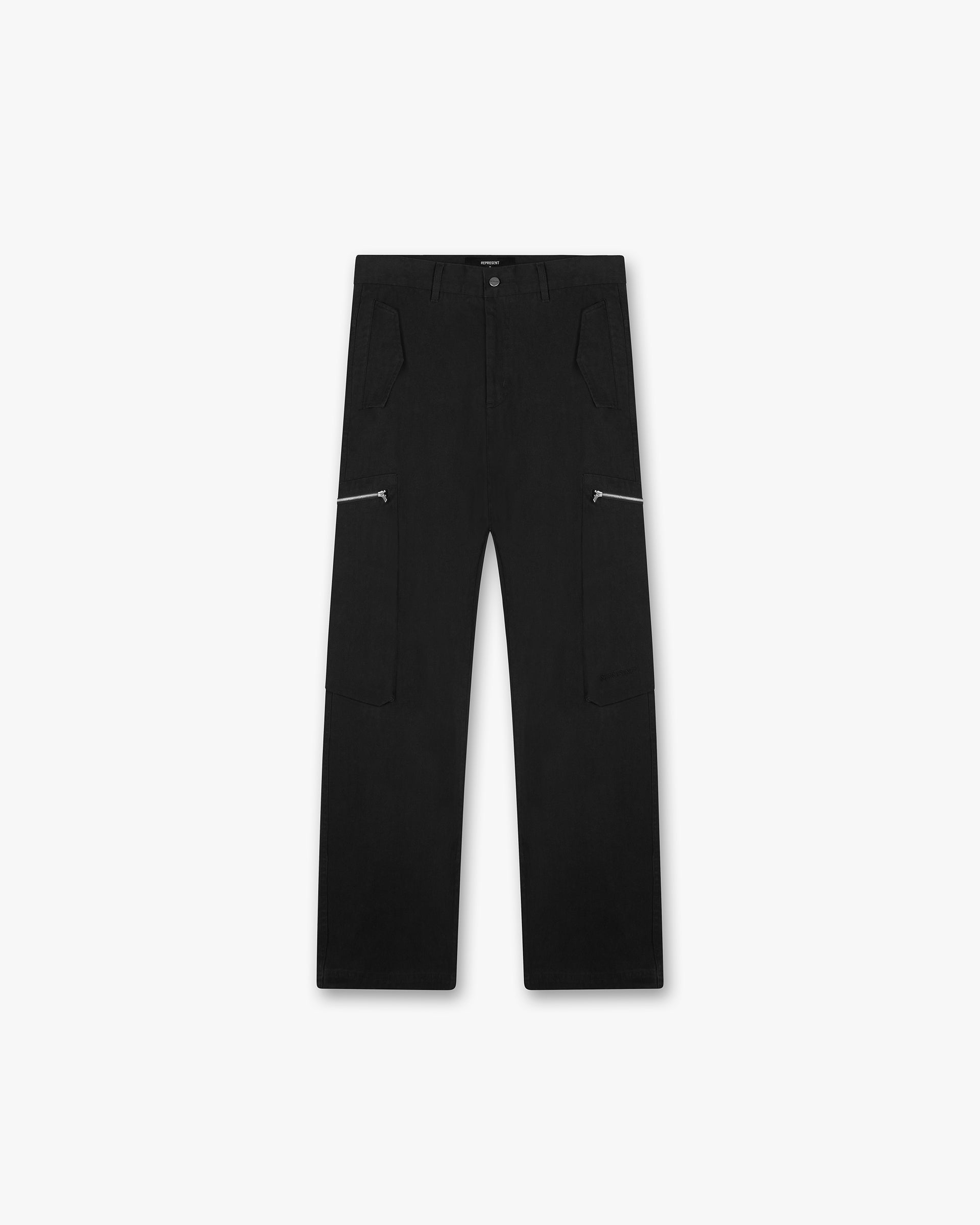 Front product image of mens black pants on a plain white background | Workshop Pant in Black | Pants with elasticated waistband and flatlock stitching | SS24 Pants | Represent Clo