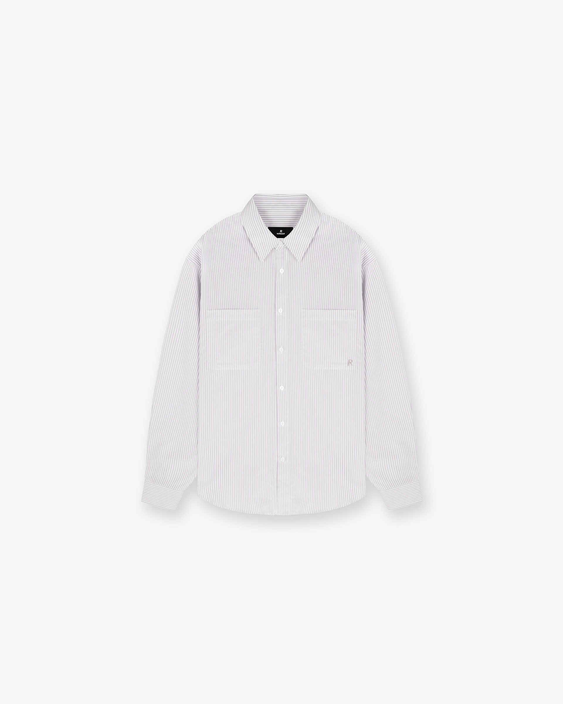 Front product image of a mens grey pinstripe shirt on a plain white background | Long Sleeve Pinstripe Shirt in Grey | Drapey shirt with revere collar and chest pockets | SC24 Shirts | Represent Clo