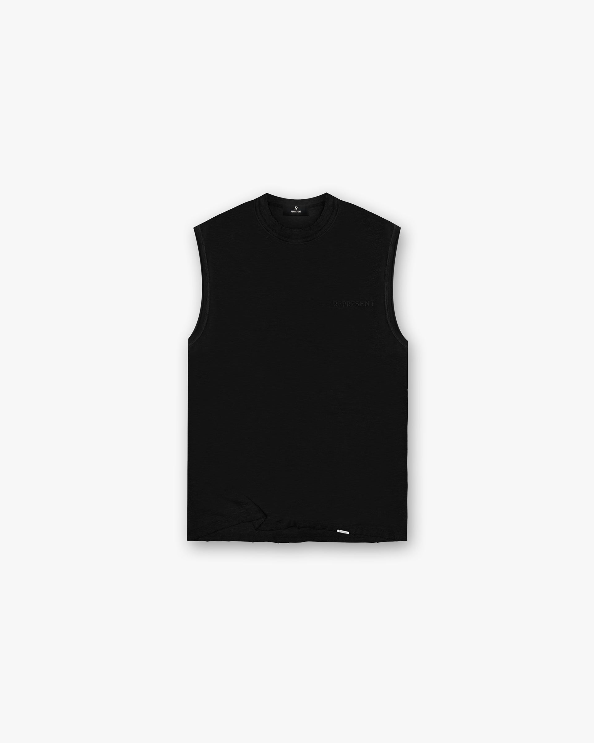 Front product image of a mens black tank top on a plain white background | Slub Tank in Jet Black | Slub tank with tonal embroidery and raw hem | FW24 T-Shirts | Represent Clo