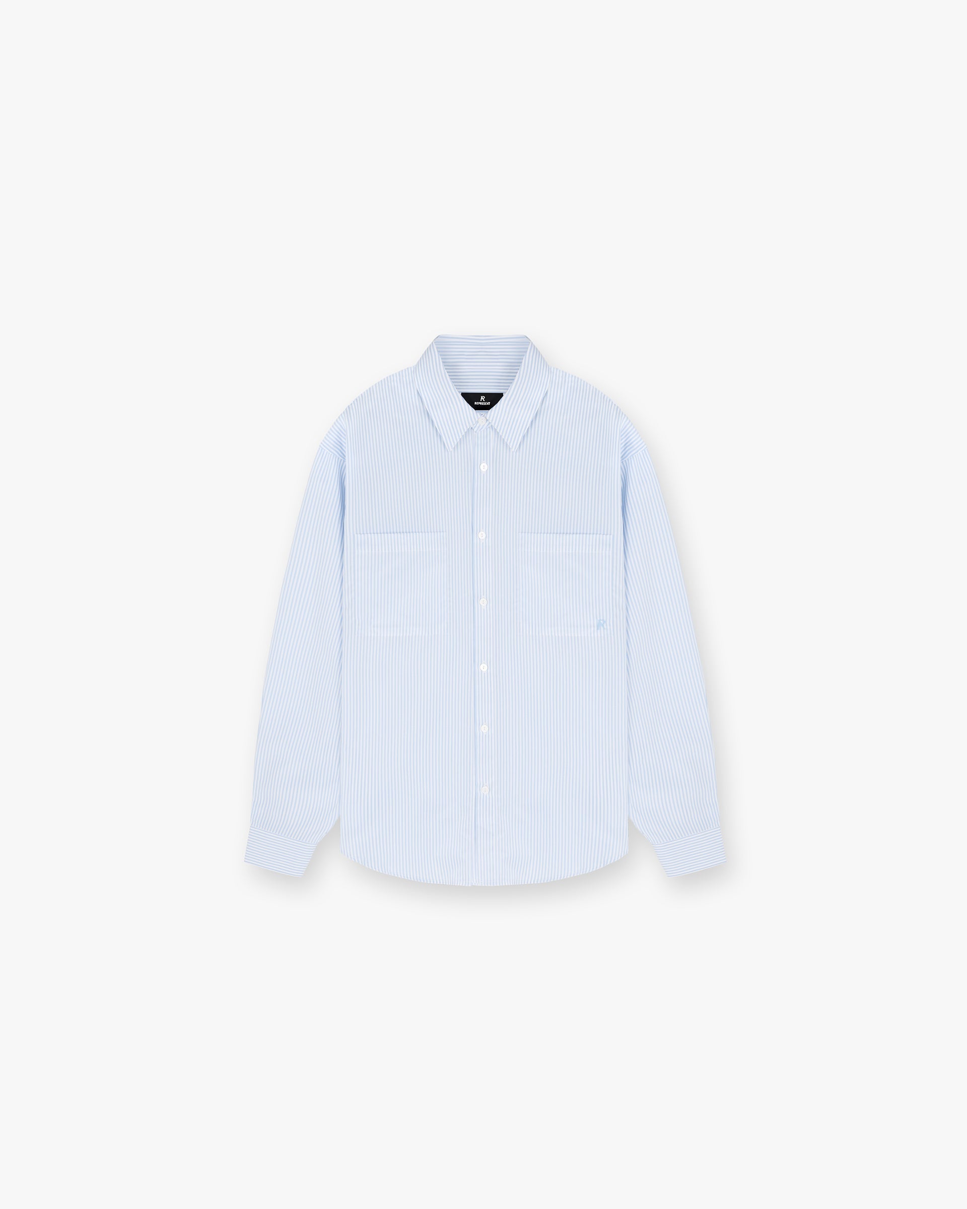 Front product image of a mens blue shirt on a plain white background | Long Sleeve Pinstripe Shirt in Baby Blue | Pinstripe shirt with long sleeves | SC24 Shirts | Represent Clo