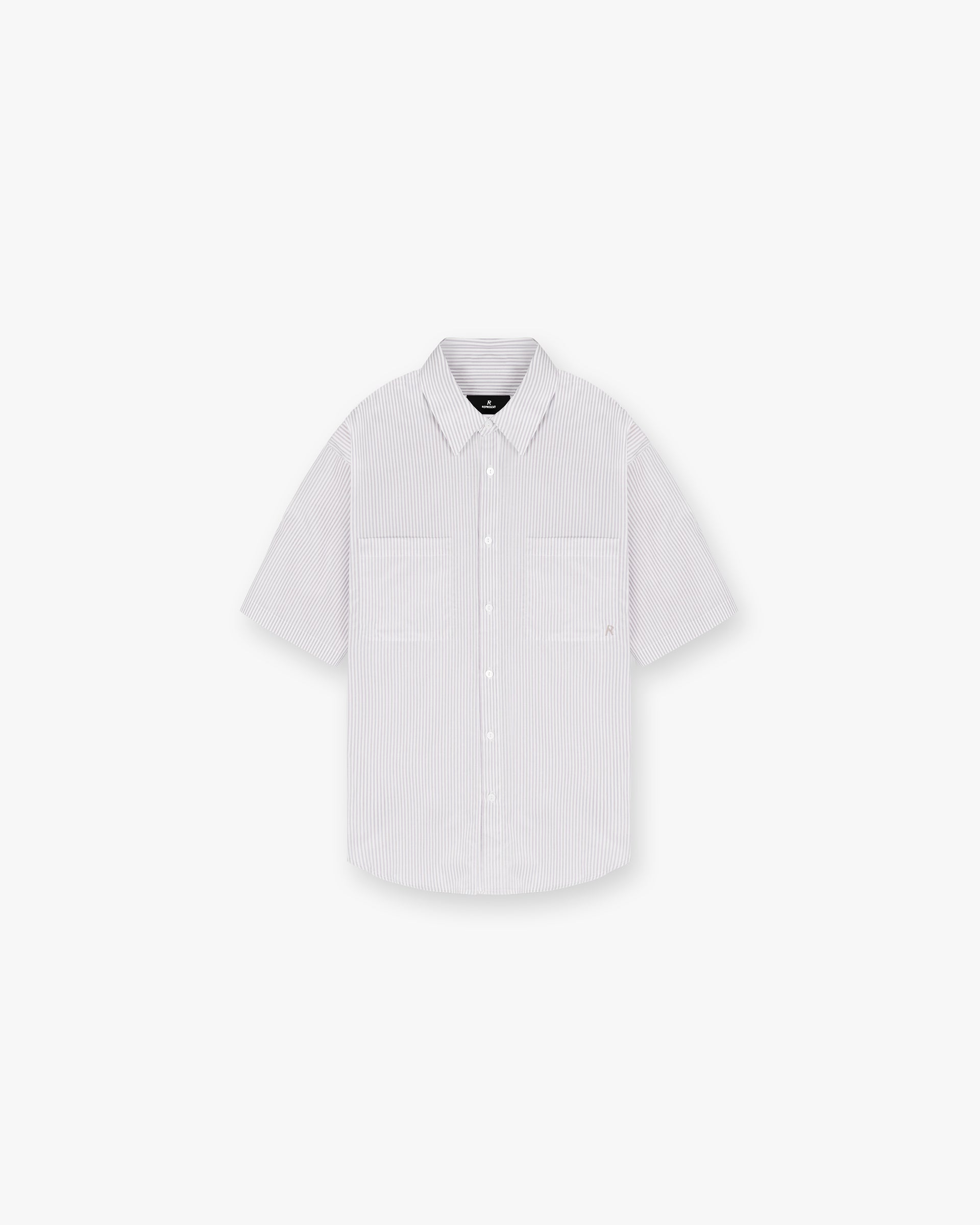 Front product image of a mens grey short sleeve shirt on a plain white background | Short Sleeve Pinstripe Shirt in Grey | Pinstripe design with short sleeves | SC24 Shirts | Represent Clo