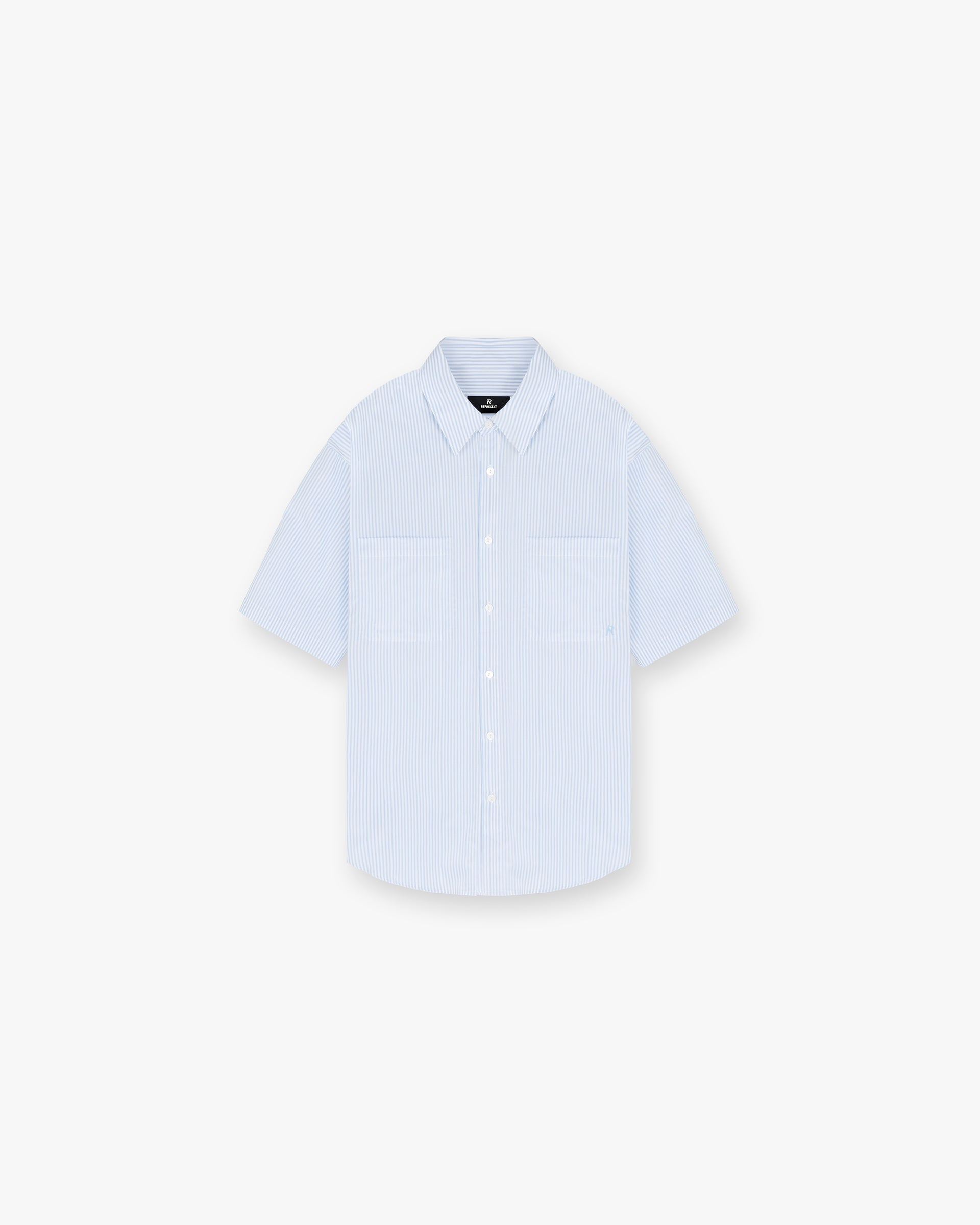 Front product image of a mens baby blue pinstripe shirt on a plain white background | Short Sleeve Pinstripe Shirt in Baby Blue | Classic pinstripe short sleeve shirt | SC24 Shirts | Represent Clo
