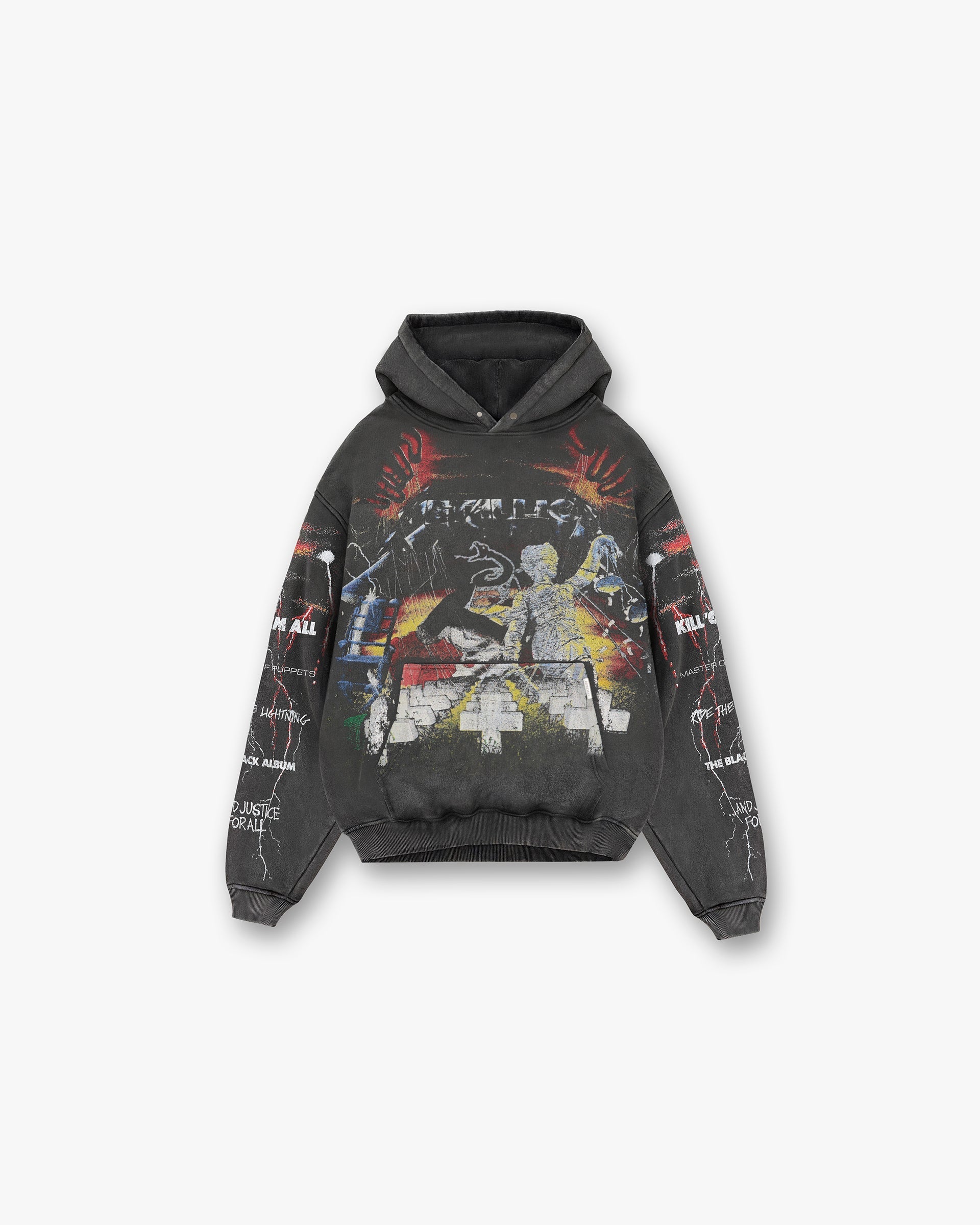 Front product image of a mens grey hoodie on a plain white background | Represent X Metallica Master Of Puppets Hoodie in Vintage Grey | Oversized hoodie | SS24 Hoodies | Represent Clo