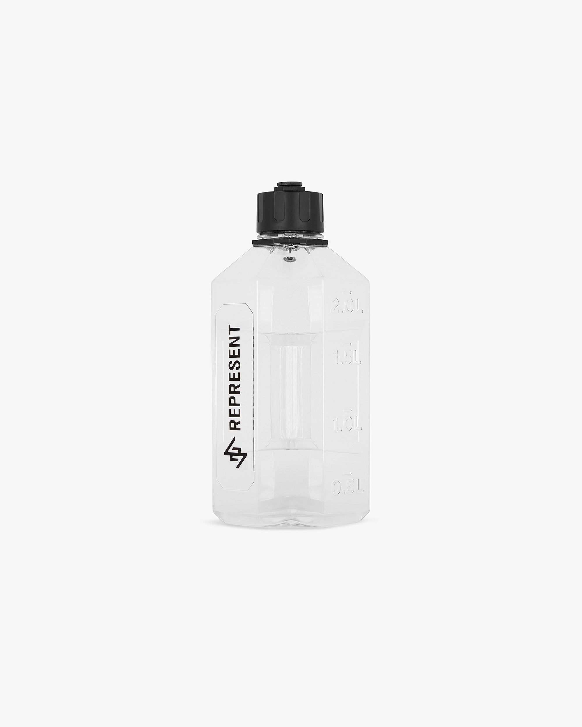 Back product image of a mens clear water bottle on a plain white background | 247 Bottle XXL in Clear | 2.4L capacity water bottle with rubber carry handle | 247 Accessories | Represent Clo