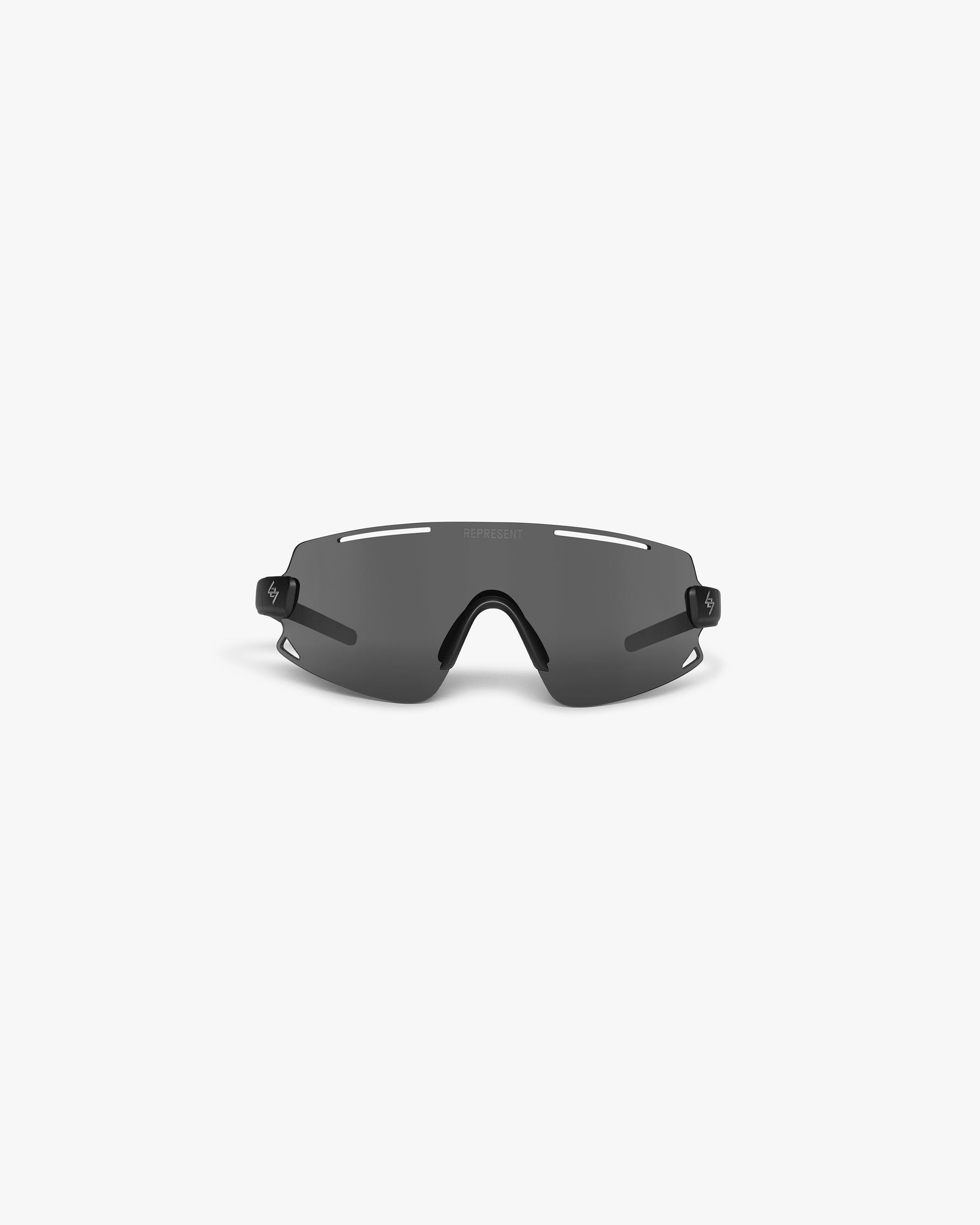 Front product image of mens black sunglasses on a plain white background | 247 Terra Sunglasses in Black Smoke | Sleek black smoke lenses and modern design | 247 Accessories | Represent Clo