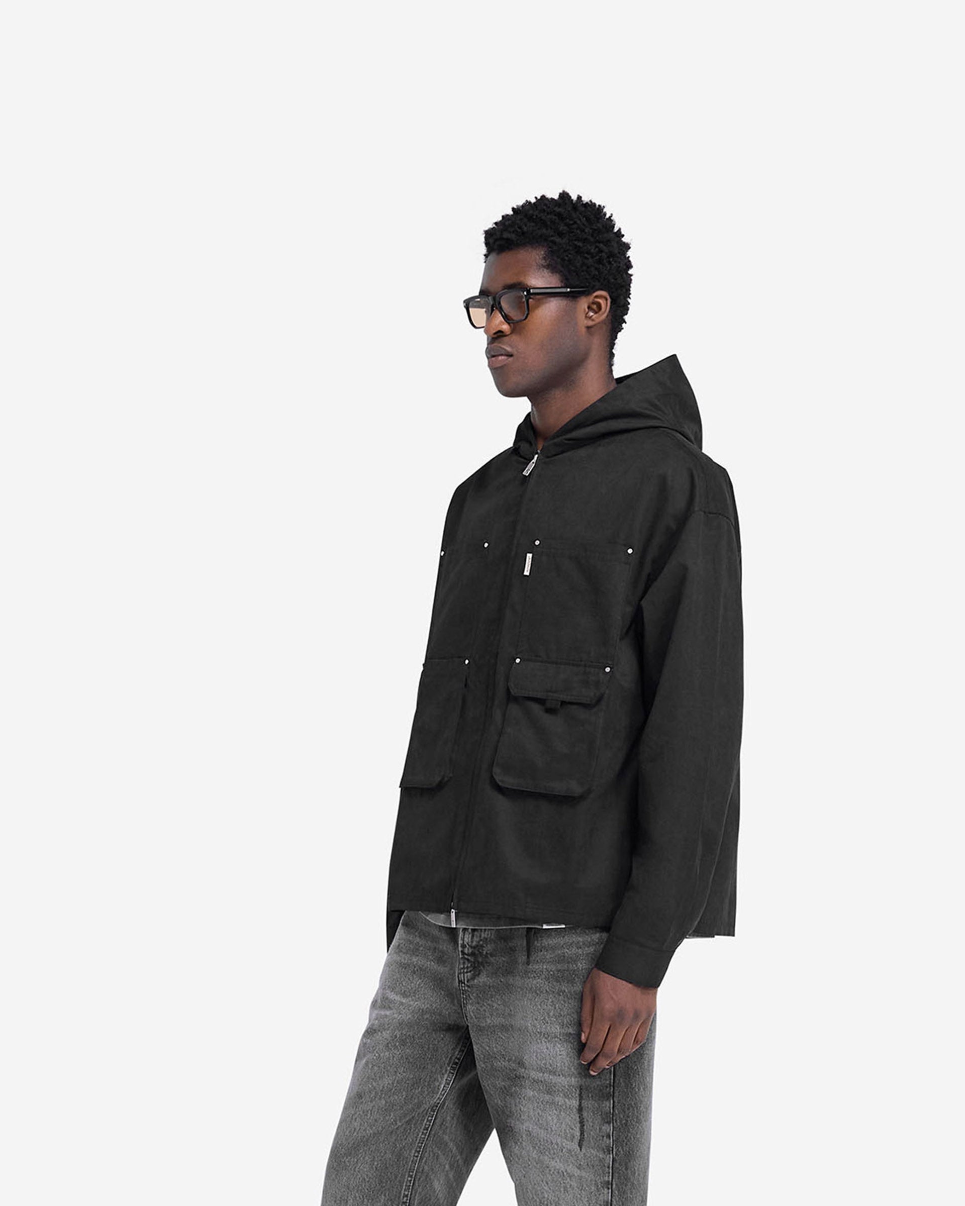 Back product image of a mens black utility shirt on a plain white background | Utility Hooded Shirt in Jet Black | Hooded shirt with multiple pockets and zip closure | FW24 Shirts | Represent Clo