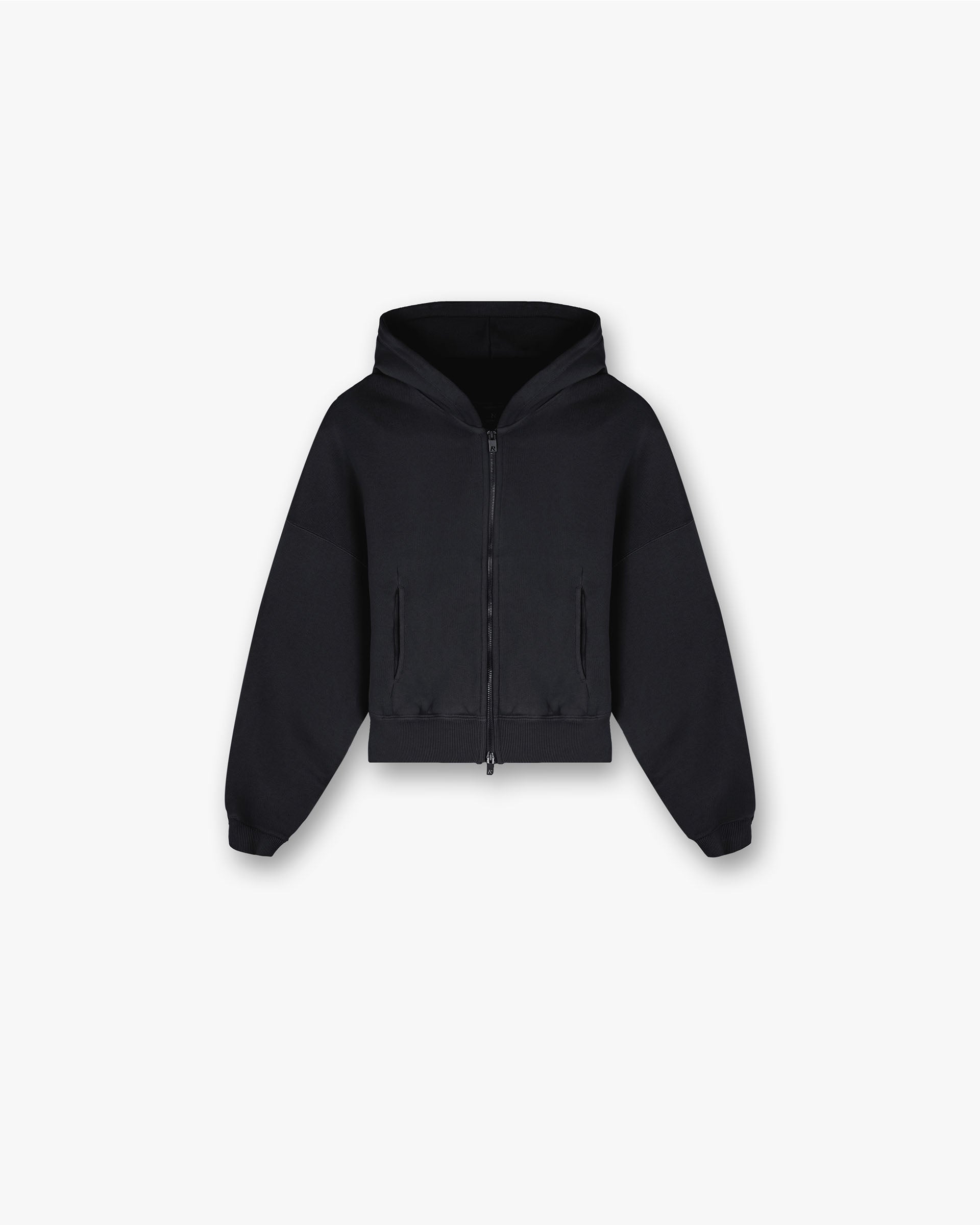 Front product image of a womens grey crop hoodie on a plain white background | Initial Oversized Crop Hoodie in Washed Black | Jersey cropped hoodie | Womens Initial Hoodies | Represent Clo