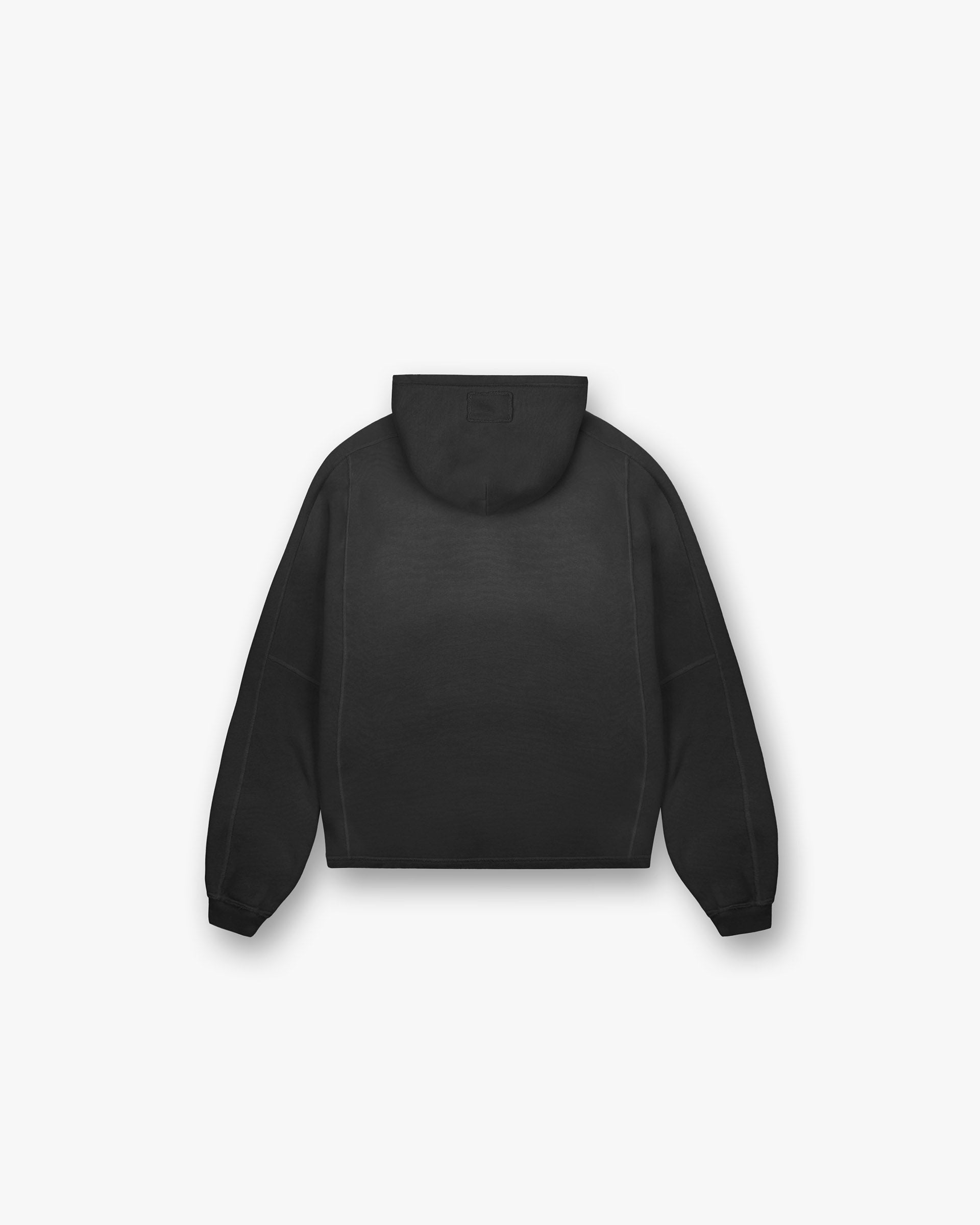 Back product image of a mens black hoodie on a plain white background | Stepped Hem Hoodie in Stained Black | Oversized fit hoodie with stepped hem | FW24 Hoodies | Represent Clo